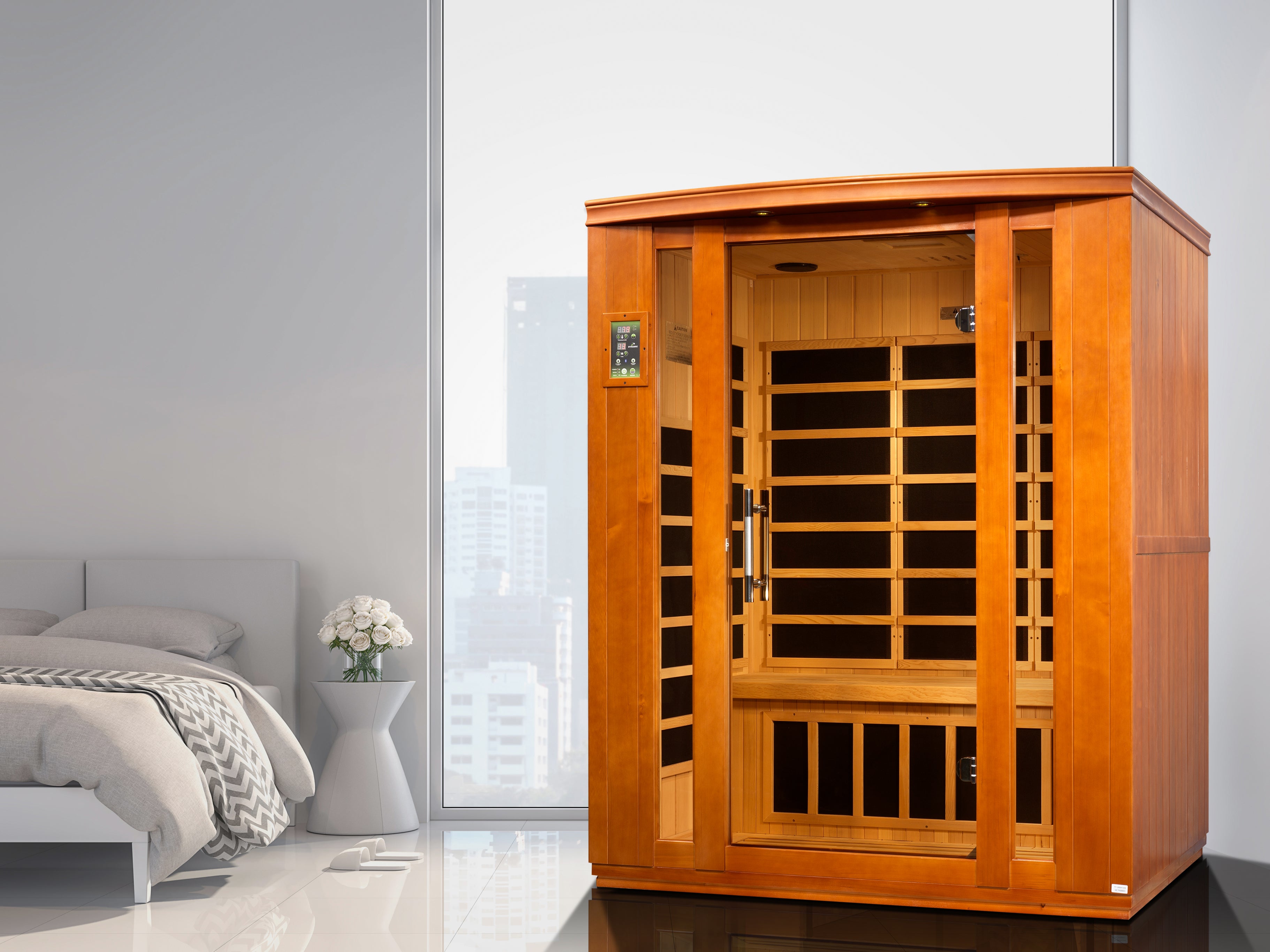 Dynamic Bellagio 3–Person Low-EMF Infrared Sauna (Canadian Hemlock) — with Chromotherapy, Bronze Glass & Bluetooth Audio