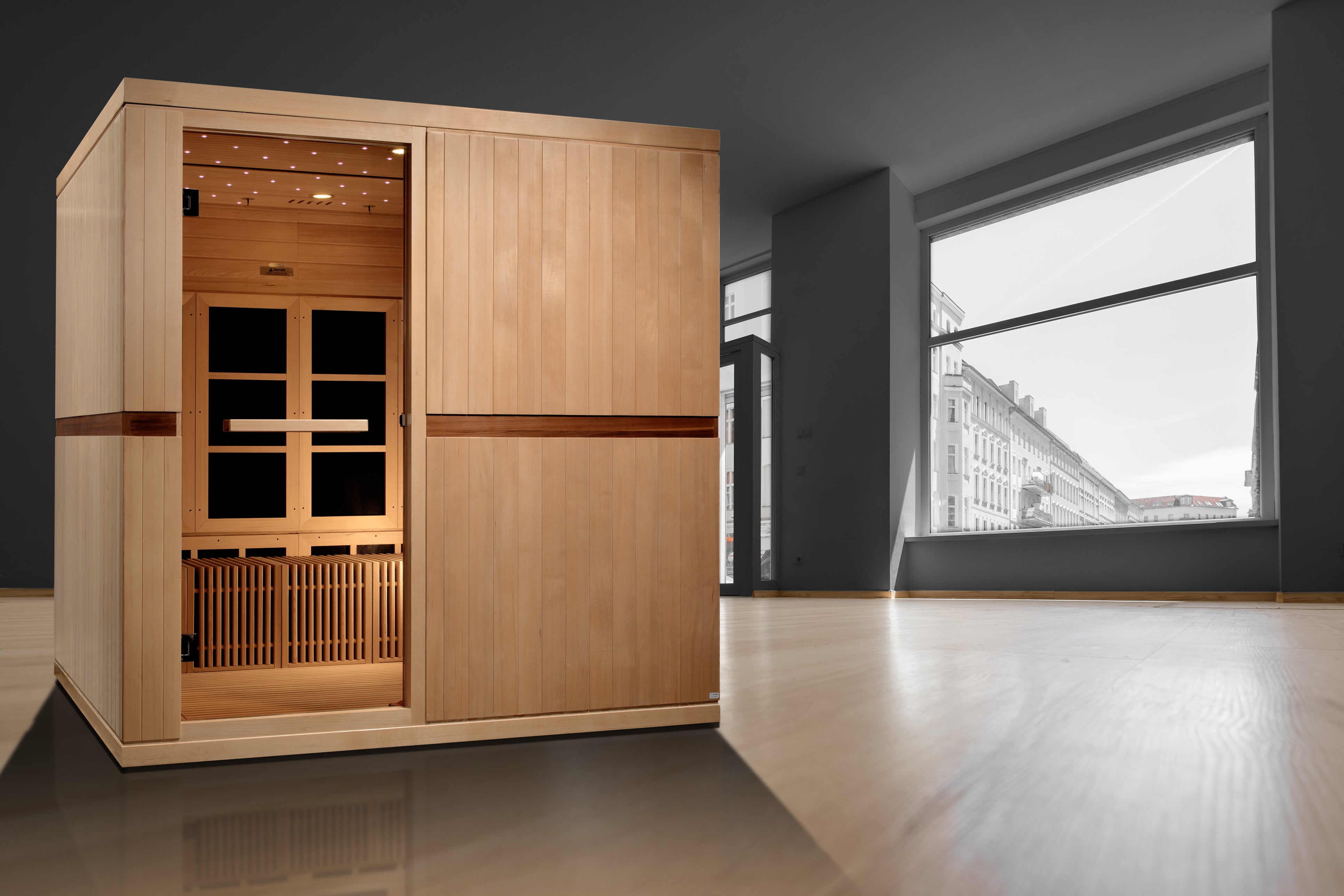 Golden Designs Catalonia 8–Person Near Zero-EMF FAR Infrared Sauna (Canadian Hemlock) — with Chromotherapy, Bluetooth Audio & Galaxy Star Ceiling