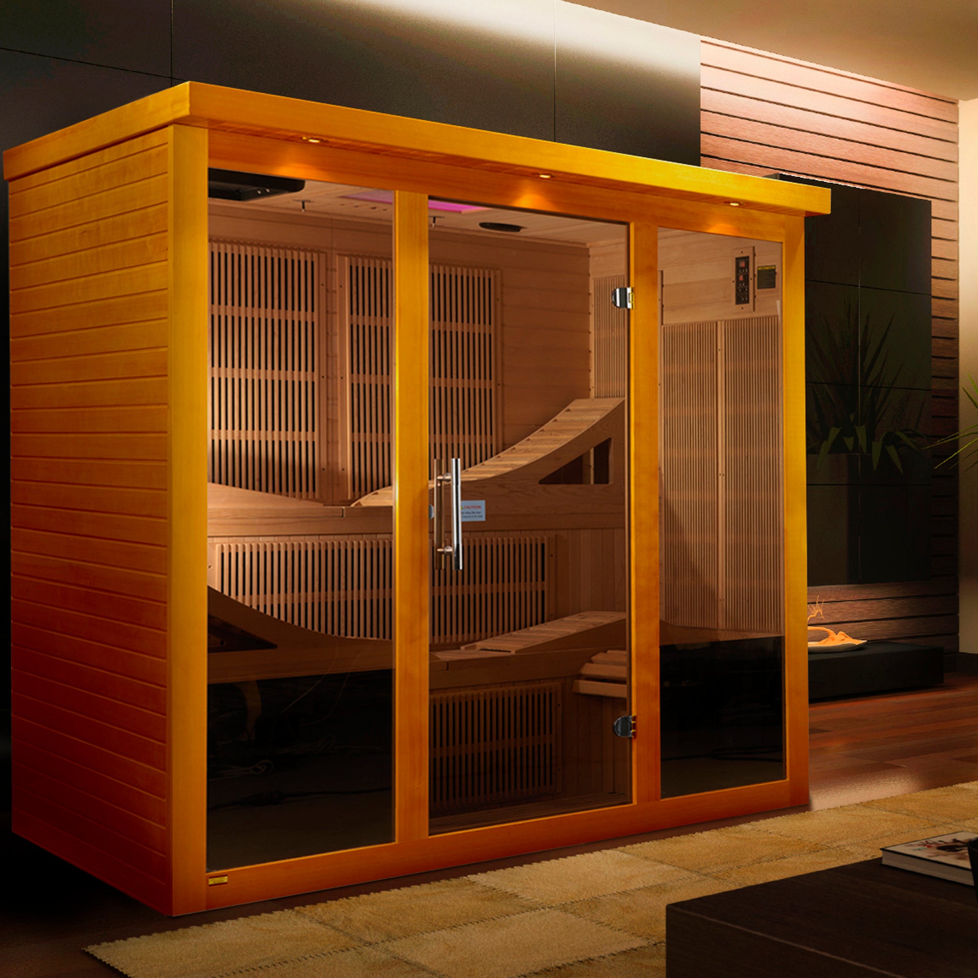 Dynamic Monaco Elite 6–Person Ultra Low-EMF Infrared Sauna (Canadian Hemlock) — with Chromotherapy, Bronze Glass, DVD/FM & Bluetooth Audio