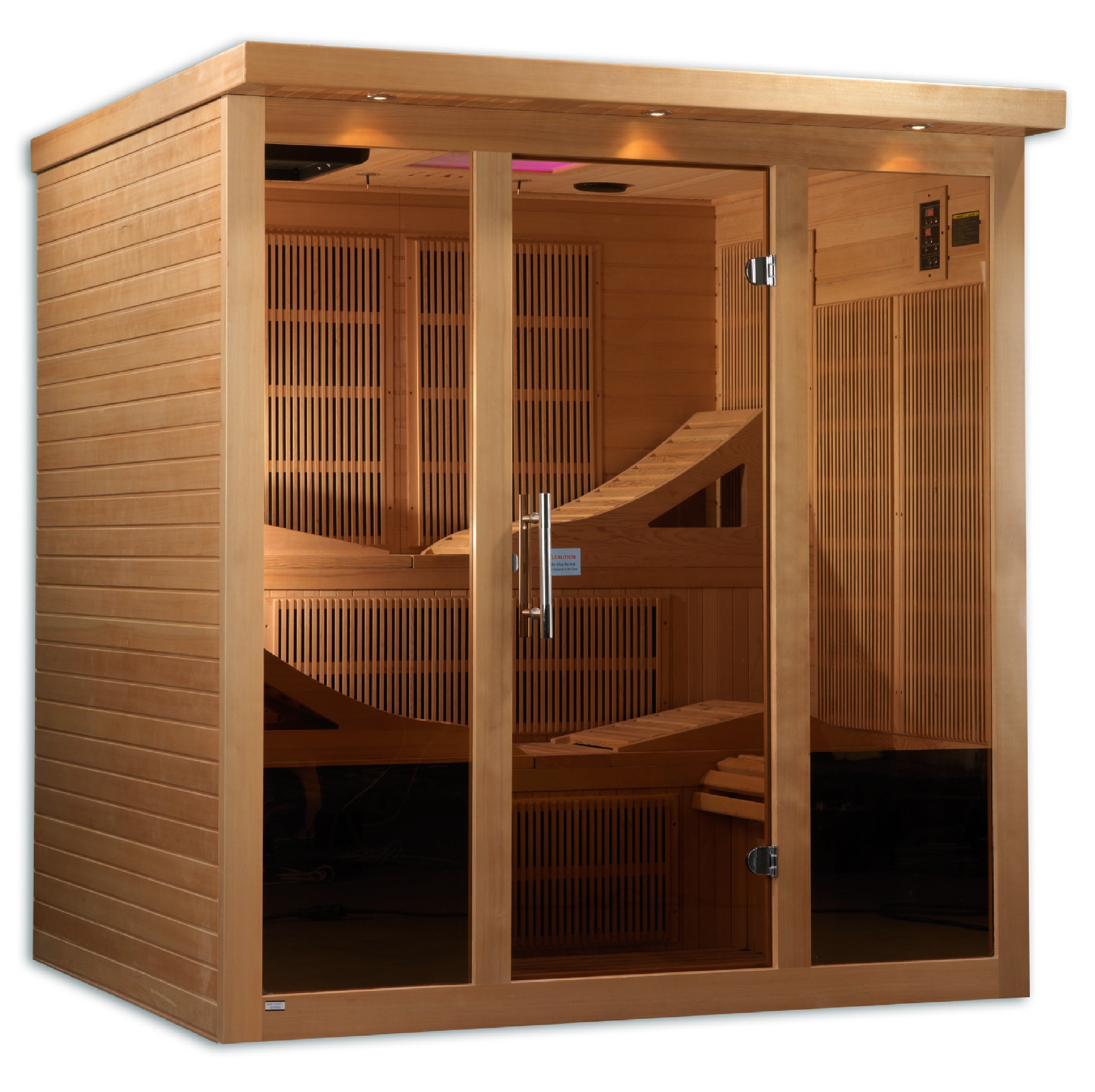 Golden Designs Monaco 6–Person Near Zero-EMF FAR Infrared Sauna (Canadian Hemlock) — with Chromotherapy, Bluetooth Audio & DVD Player