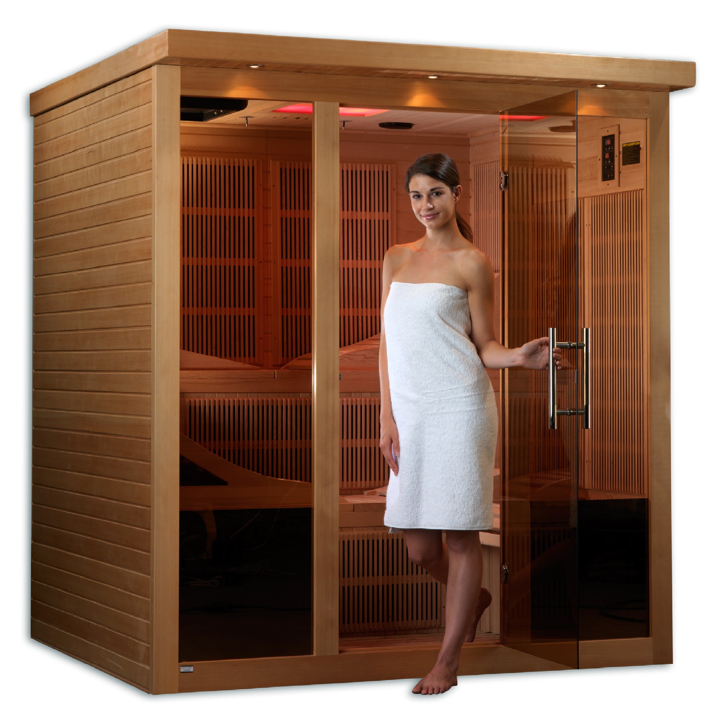 Golden Designs Monaco 6–Person Near Zero-EMF FAR Infrared Sauna (Canadian Hemlock) — with Chromotherapy, Bluetooth Audio & DVD Player