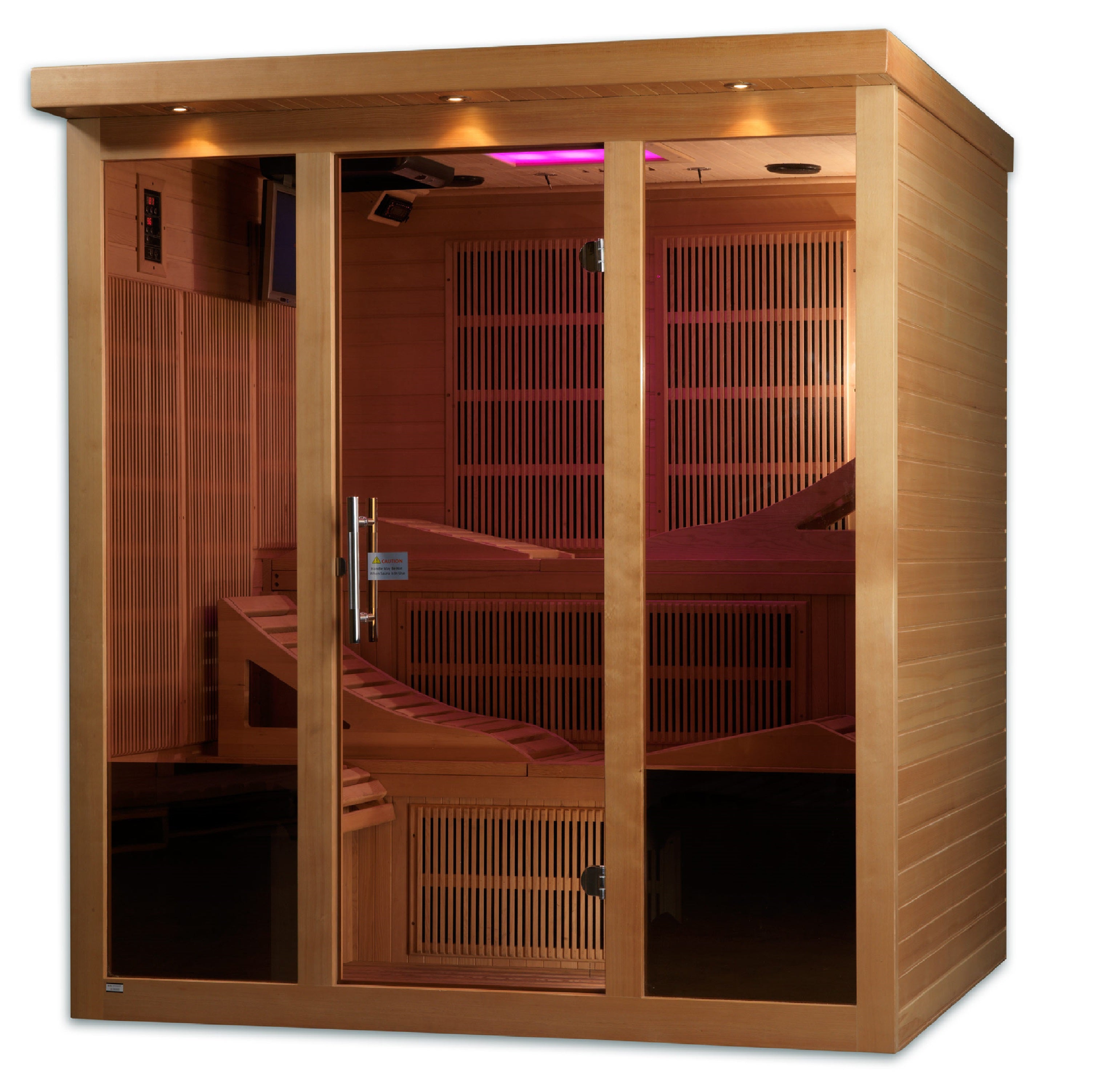 Golden Designs Monaco 6–Person Near Zero-EMF FAR Infrared Sauna (Canadian Hemlock) — with Chromotherapy, Bluetooth Audio & DVD Player