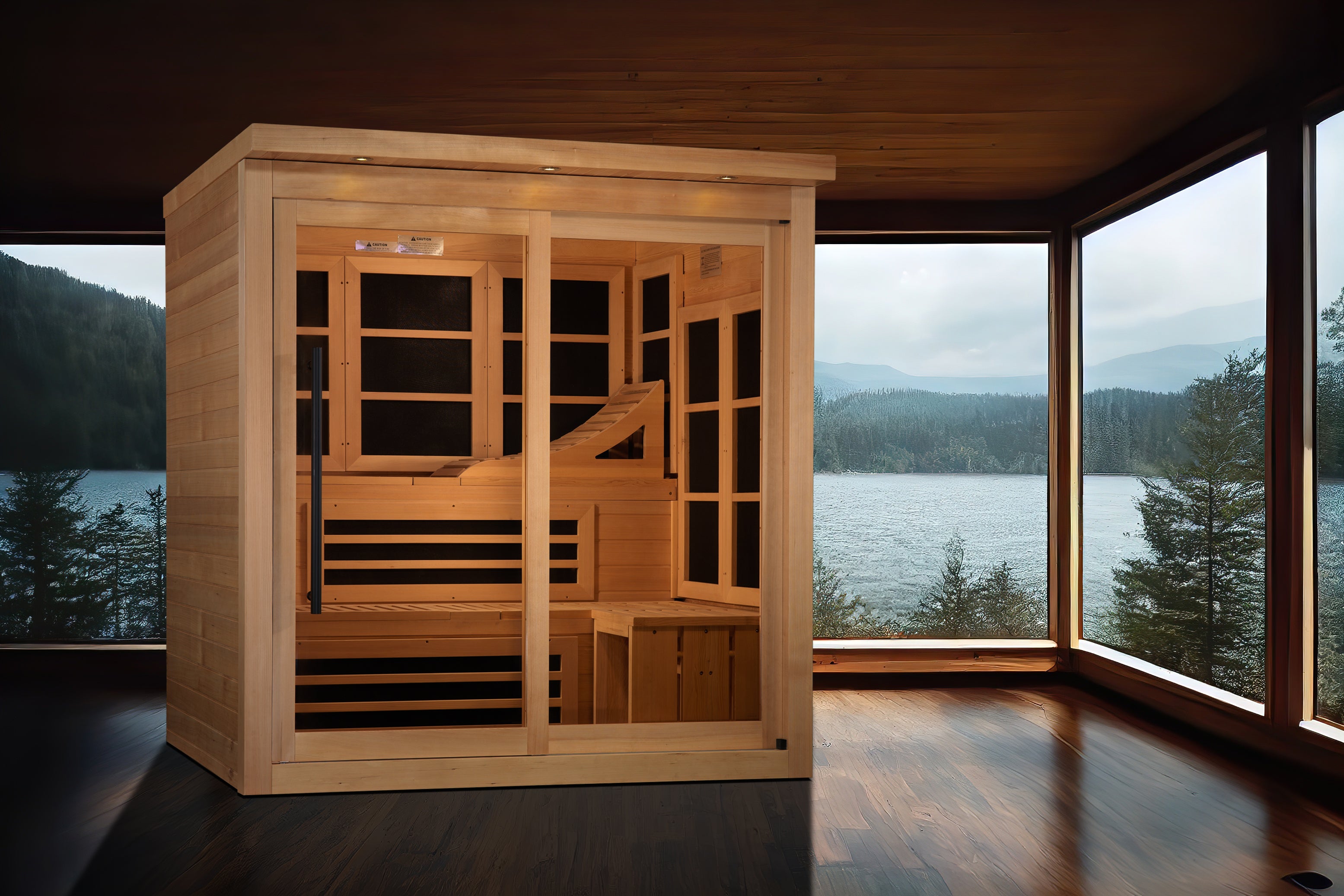 Golden Designs Monaco Limited Edition 6–Person Near Zero-EMF FAR Infrared Sauna (Canadian Hemlock) — with Chromotherapy, Bluetooth Audio & DVD Player