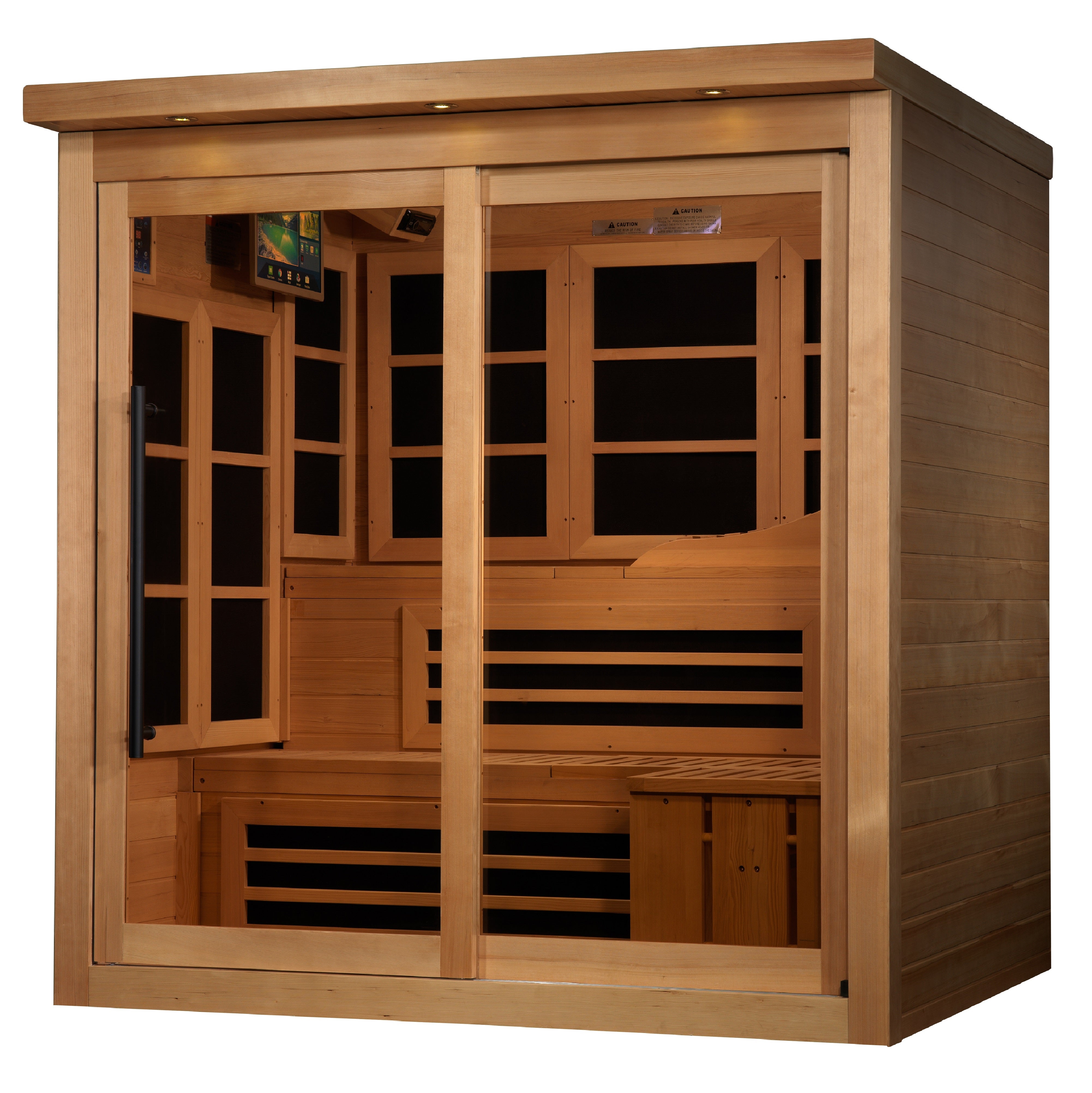 Golden Designs Monaco Limited Edition 6–Person Near Zero-EMF FAR Infrared Sauna (Canadian Hemlock) — with Chromotherapy, Bluetooth Audio & DVD Player