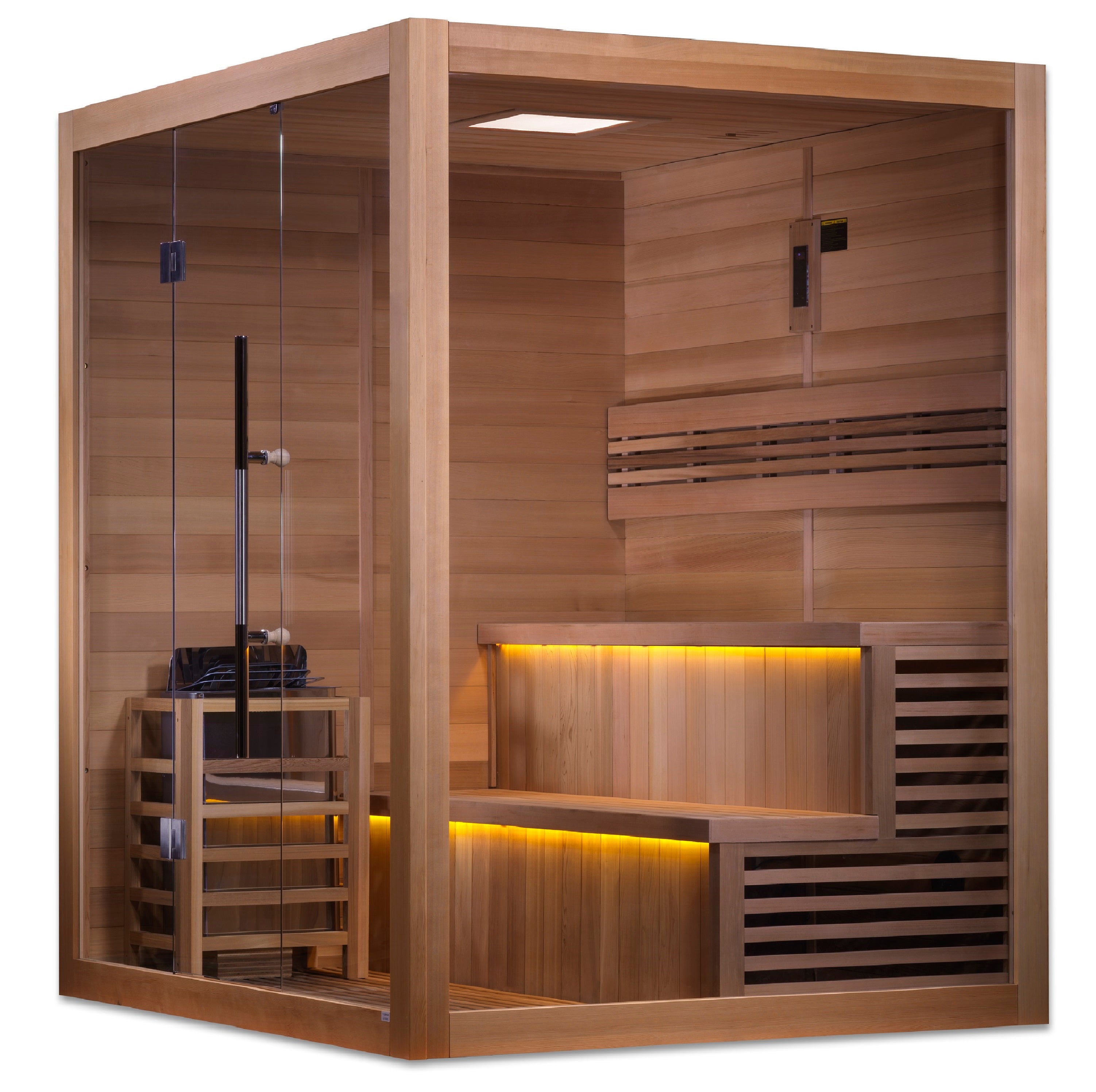 Golden Designs “Kuusamo Edition” 6–Person Indoor Traditional Steam Sauna (Hemlock Exterior & Canadian Red Cedar Interior) — with Chromotherapy & Bluetooth Audio