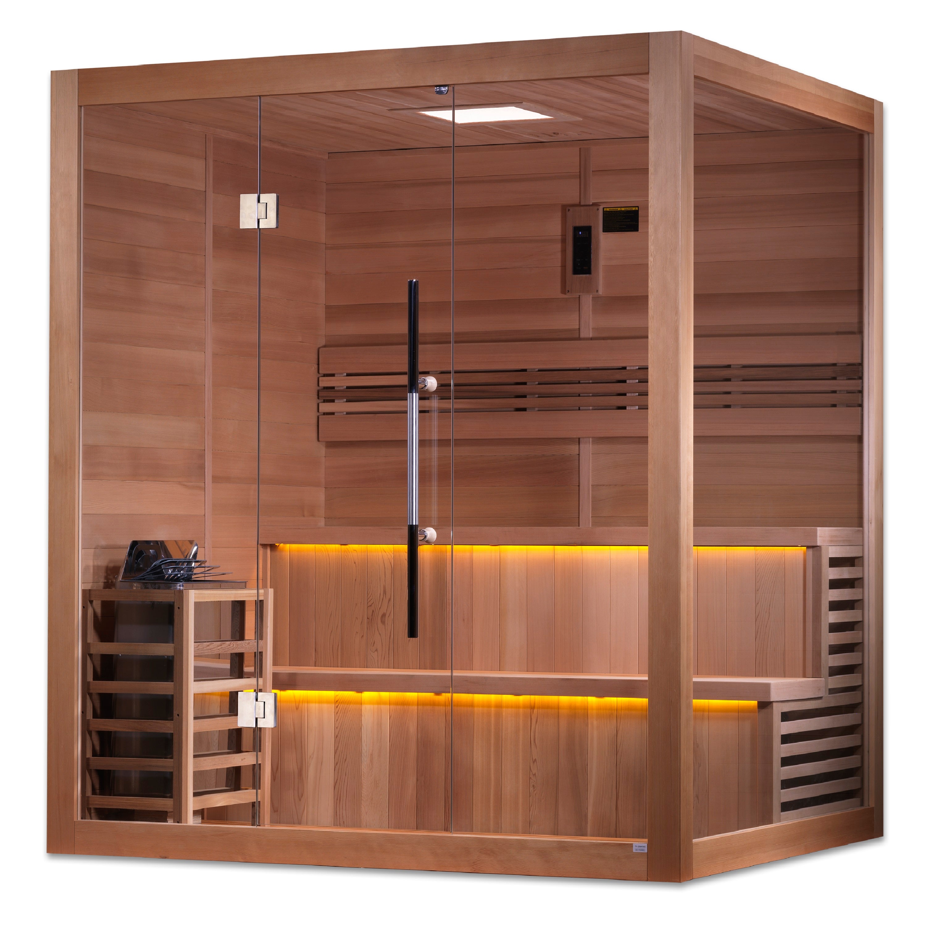 Golden Designs “Kuusamo Edition” 6–Person Indoor Traditional Steam Sauna (Hemlock Exterior & Canadian Red Cedar Interior) — with Chromotherapy & Bluetooth Audio