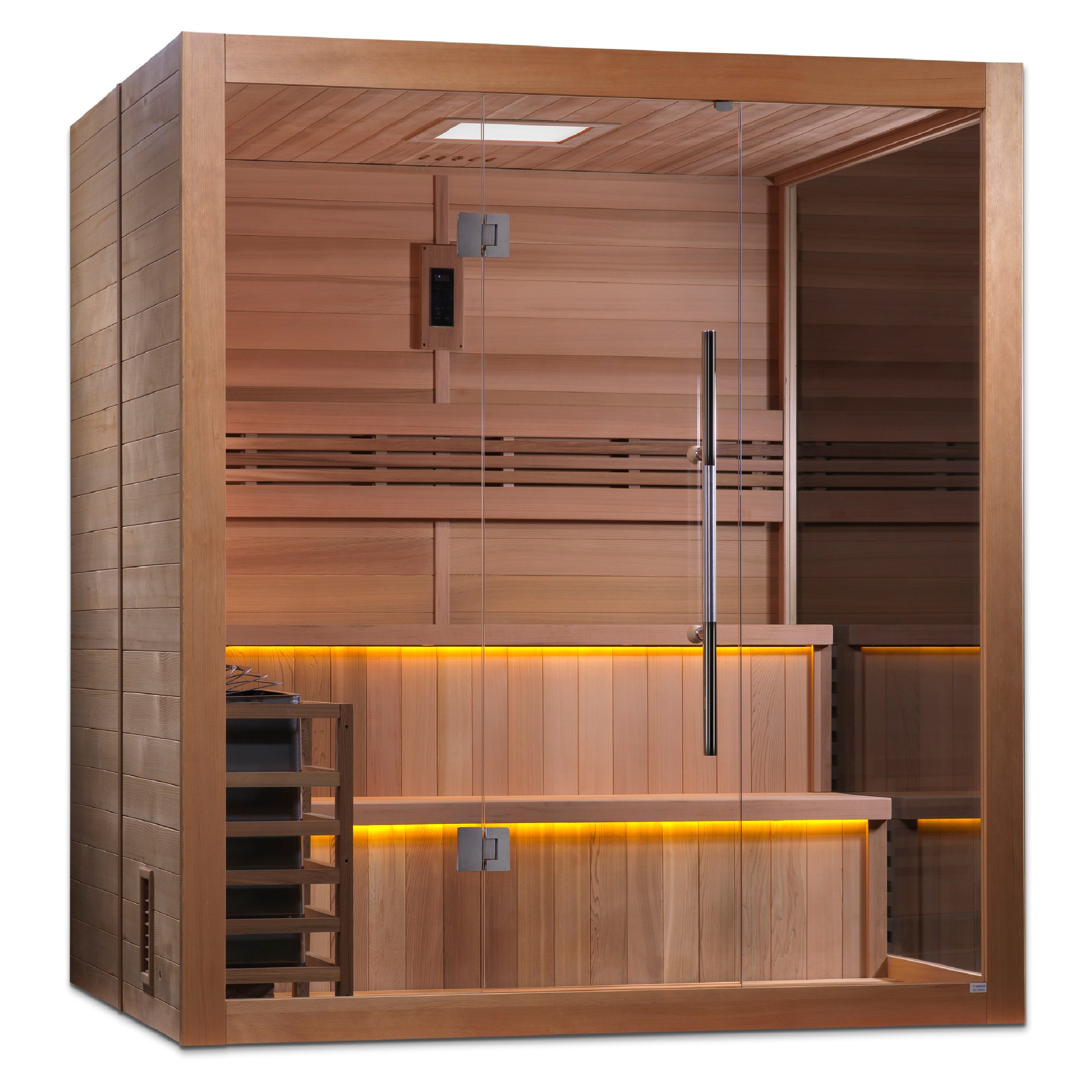 Golden Designs “Kuusamo Edition” 6–Person Indoor Traditional Steam Sauna (Hemlock Exterior & Canadian Red Cedar Interior) — with Chromotherapy & Bluetooth Audio