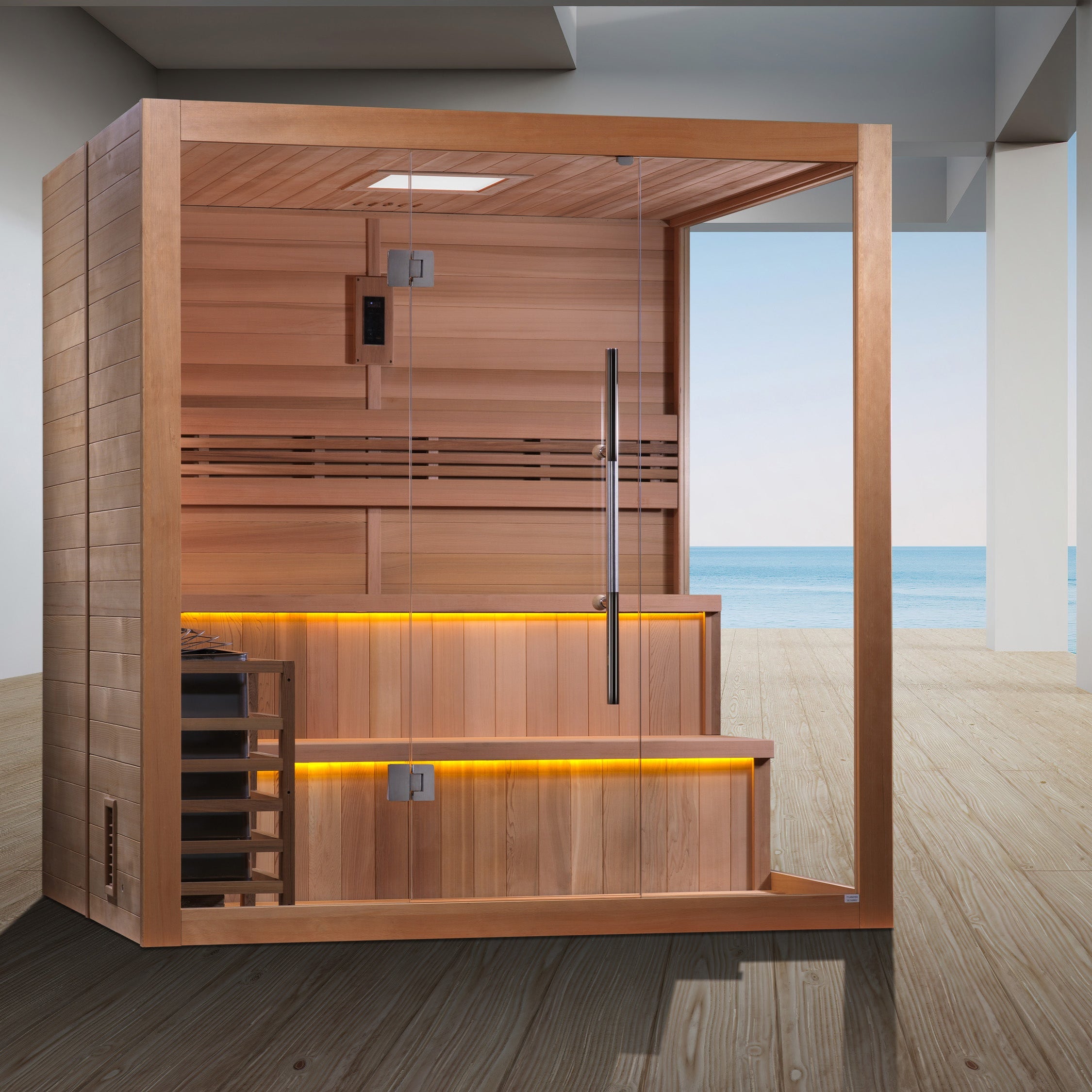 Golden Designs “Kuusamo Edition” 6–Person Indoor Traditional Steam Sauna (Hemlock Exterior & Canadian Red Cedar Interior) — with Chromotherapy & Bluetooth Audio