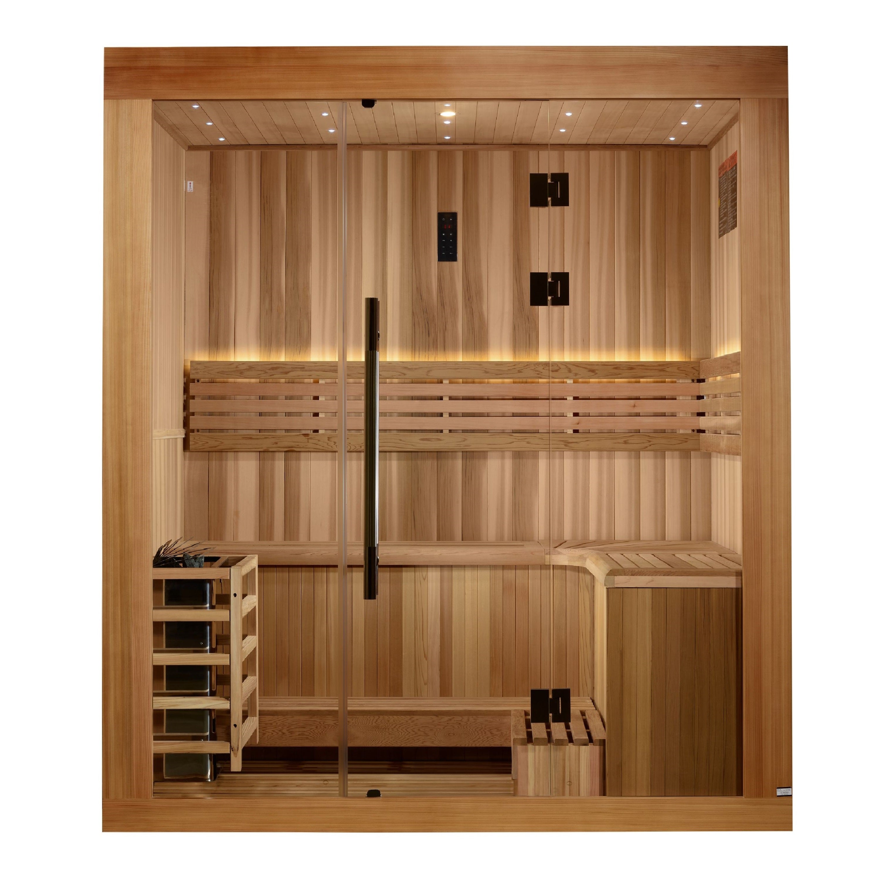 Golden Designs 2025 Updated “Copenhagen Edition” 4–5 Person Traditional Steam Sauna (Canadian Red Cedar Interior & Pacific Premium Clear Cedar Exterior) — with Chromotherapy & Bluetooth Audio