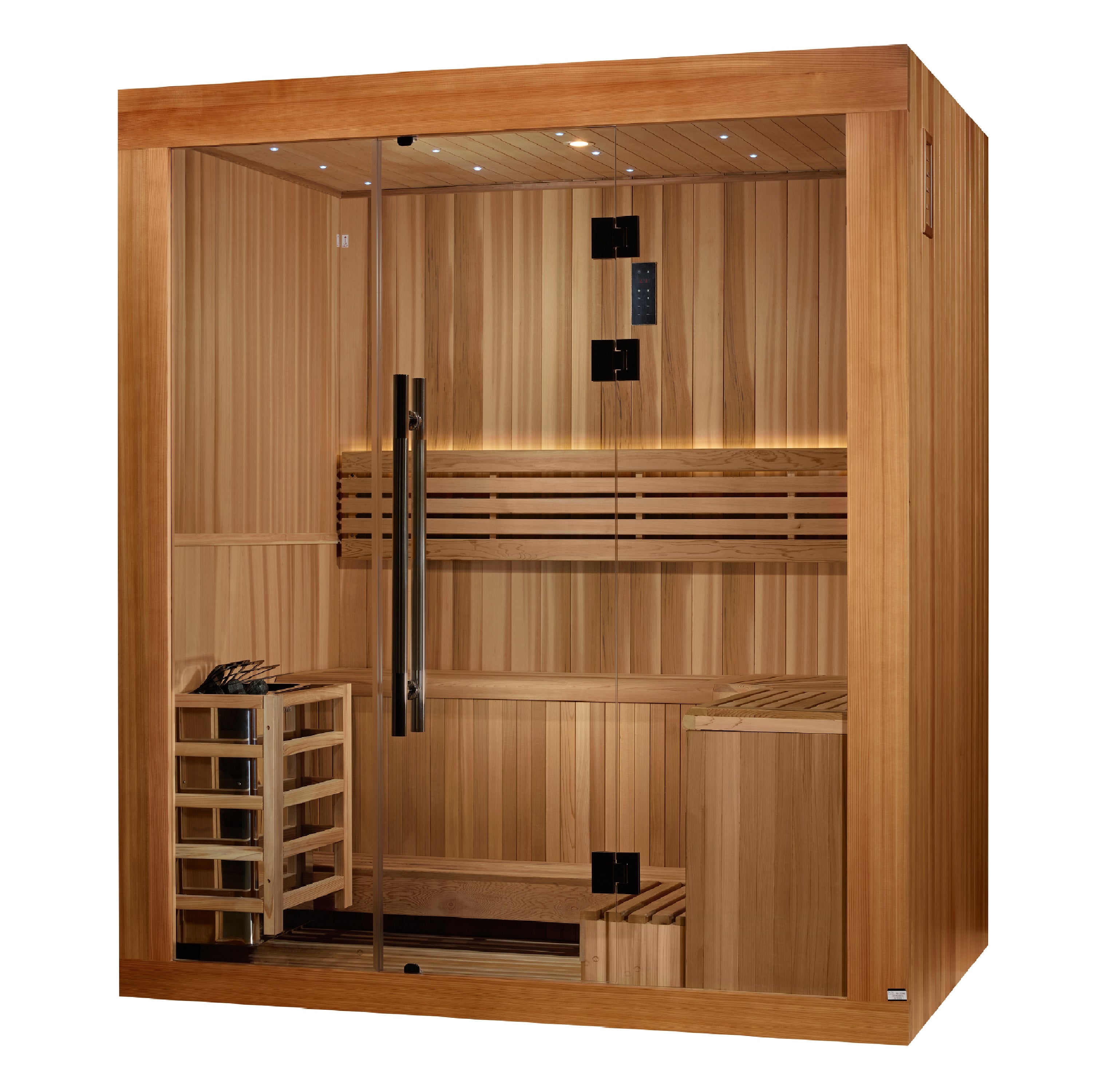 Golden Designs 2025 Updated “Copenhagen Edition” 4–5 Person Traditional Steam Sauna (Canadian Red Cedar Interior & Pacific Premium Clear Cedar Exterior) — with Chromotherapy & Bluetooth Audio