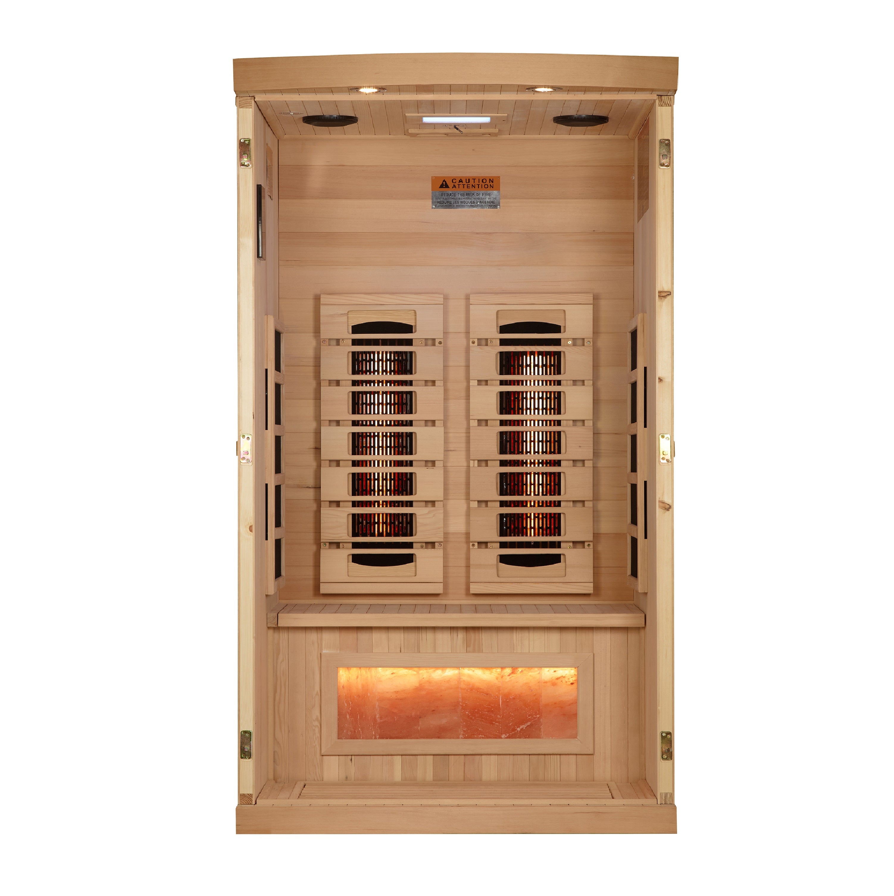 Golden Designs 1–2 Person Full-Spectrum Near Zero-EMF Infrared Sauna (Canadian Hemlock) — with Himalayan Salt Bar, Chromotherapy & Bluetooth Audio