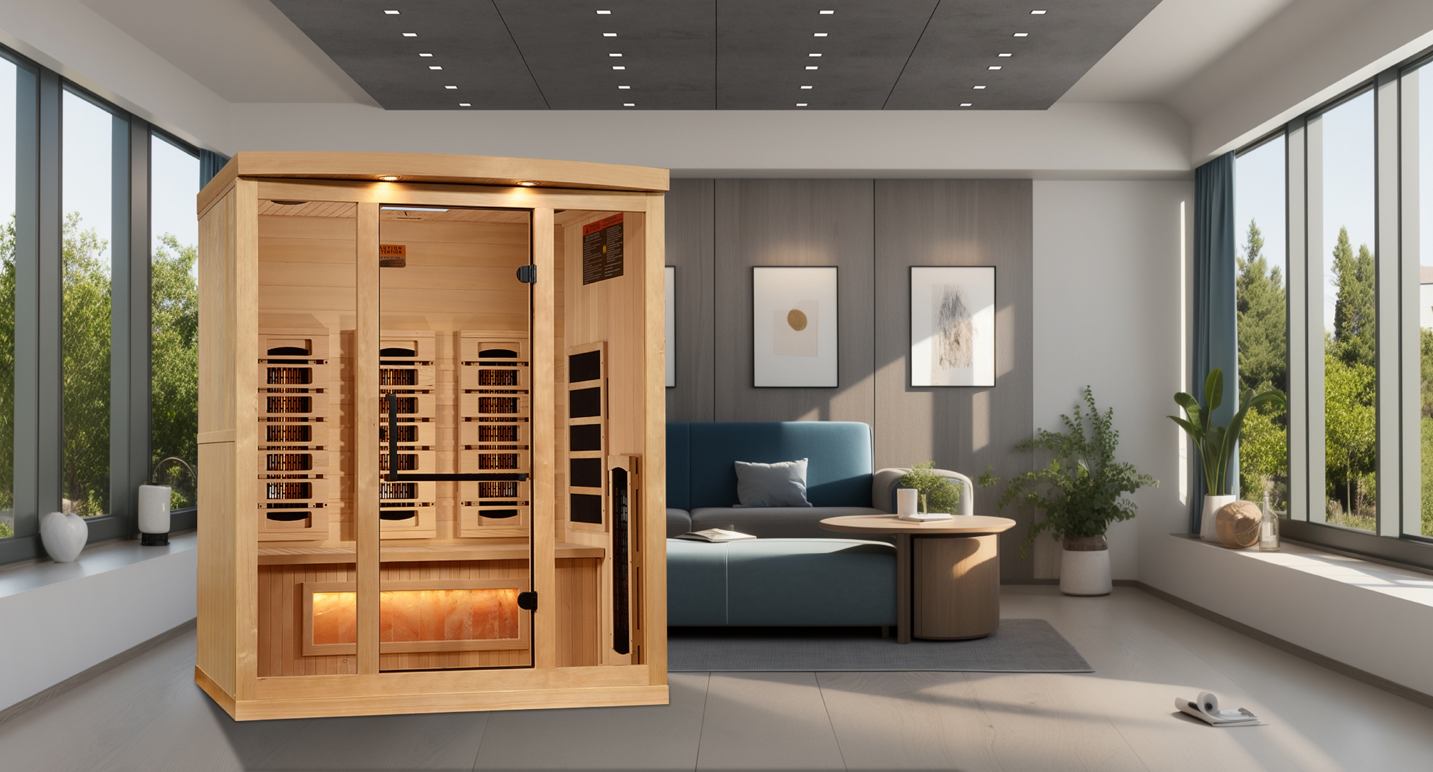 Golden Designs 3–Person Near Zero-EMF Full Spectrum Infrared Sauna (Canadian Hemlock) — with Chromotherapy, Bluetooth Audio & Himalayan Salt Bar