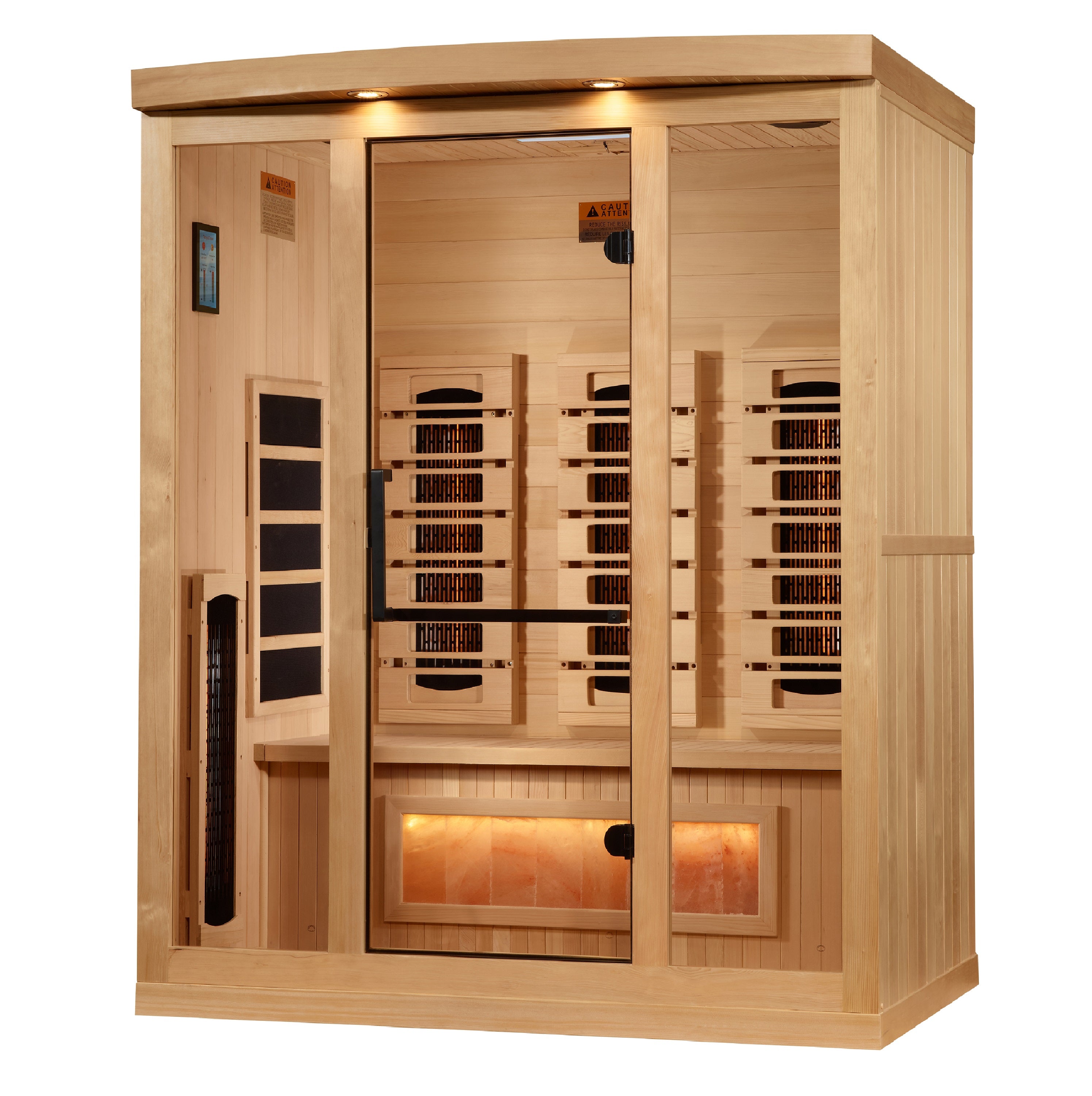 Golden Designs 3–Person Near Zero-EMF Full Spectrum Infrared Sauna (Canadian Hemlock) — with Chromotherapy, Bluetooth Audio & Himalayan Salt Bar