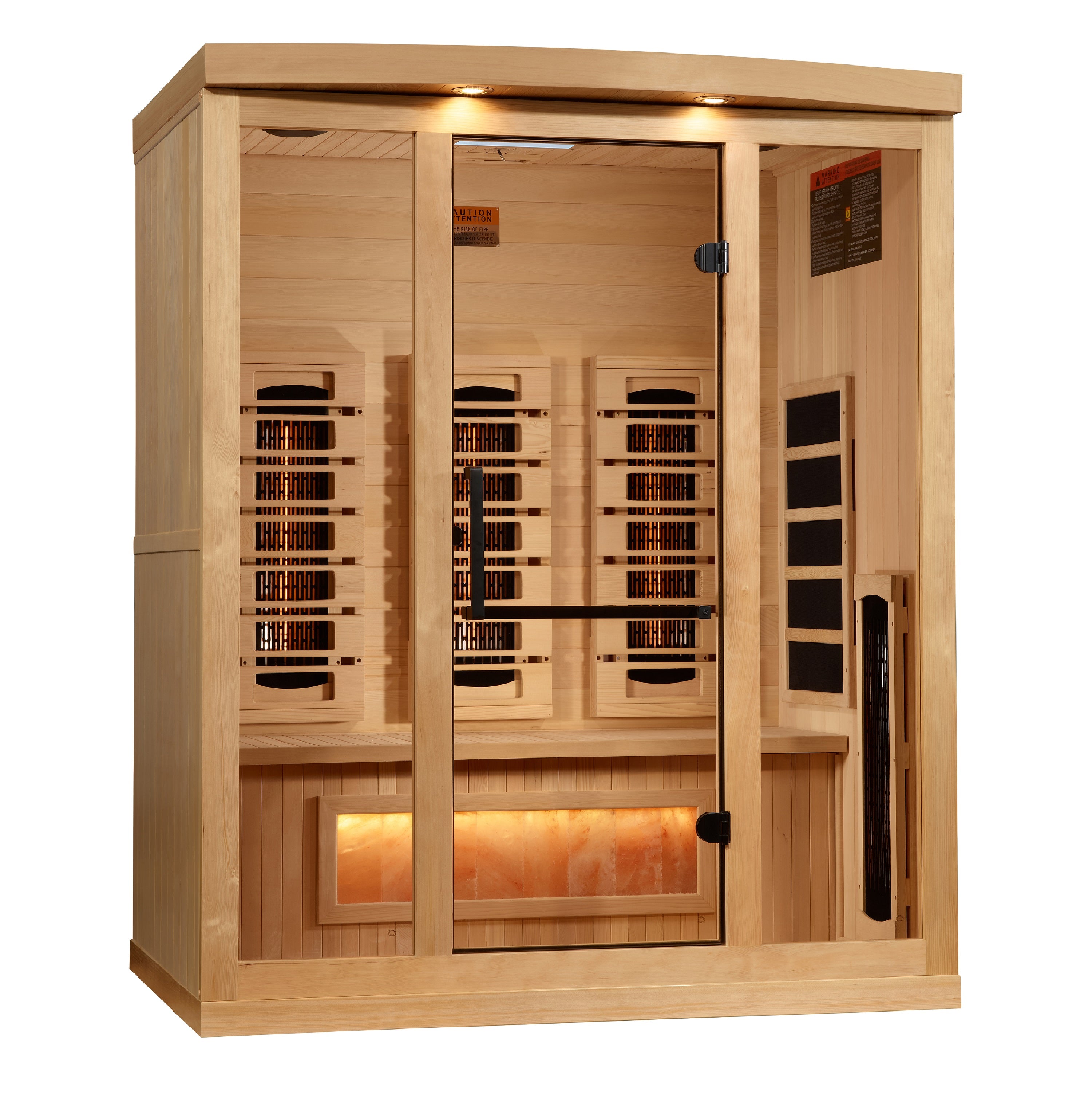 Golden Designs 3–Person Near Zero-EMF Full Spectrum Infrared Sauna (Canadian Hemlock) — with Chromotherapy, Bluetooth Audio & Himalayan Salt Bar