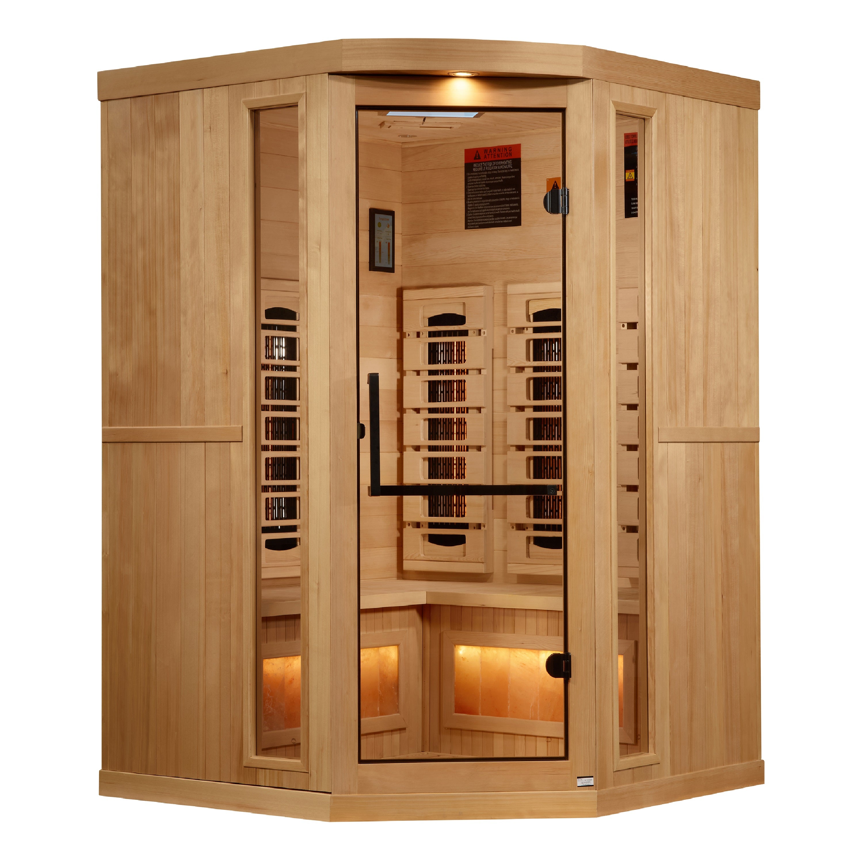 Golden Designs 3–Person Corner Full-Spectrum Near Zero-EMF Infrared Sauna (Canadian Hemlock) — with Himalayan Salt Bar, Chromotherapy & Bluetooth Audio