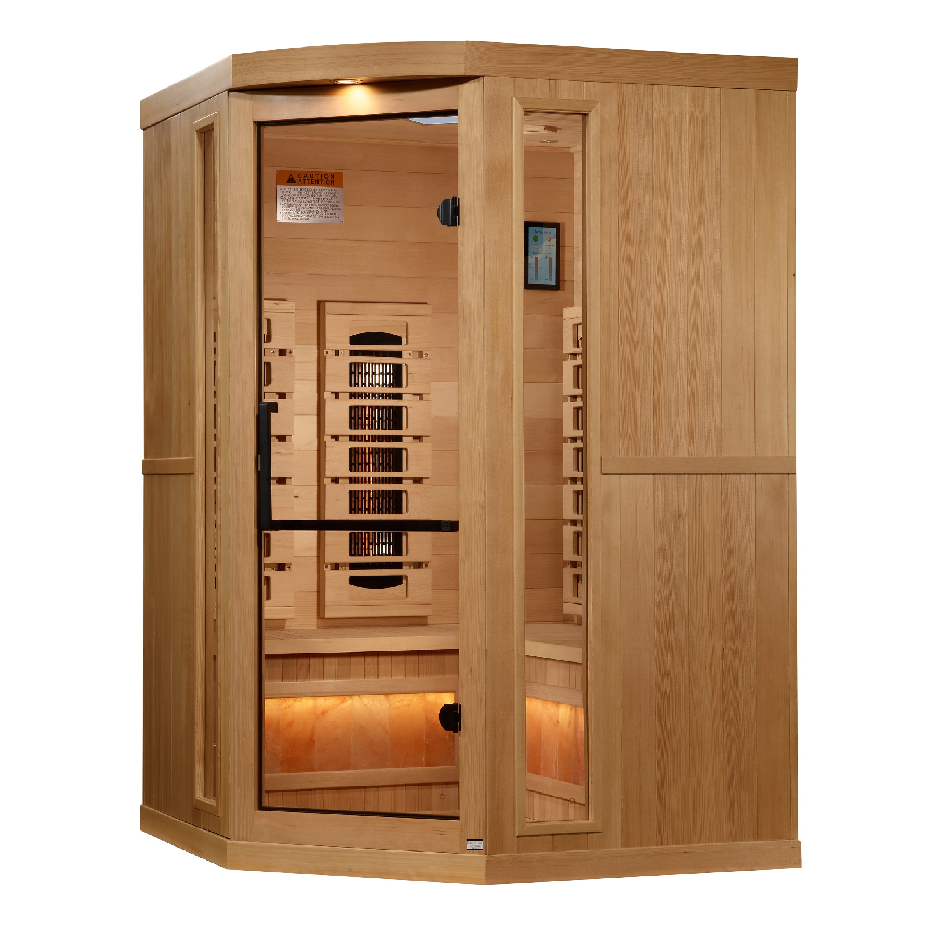Golden Designs 3–Person Corner Full-Spectrum Near Zero-EMF Infrared Sauna (Canadian Hemlock) — with Himalayan Salt Bar, Chromotherapy & Bluetooth Audio
