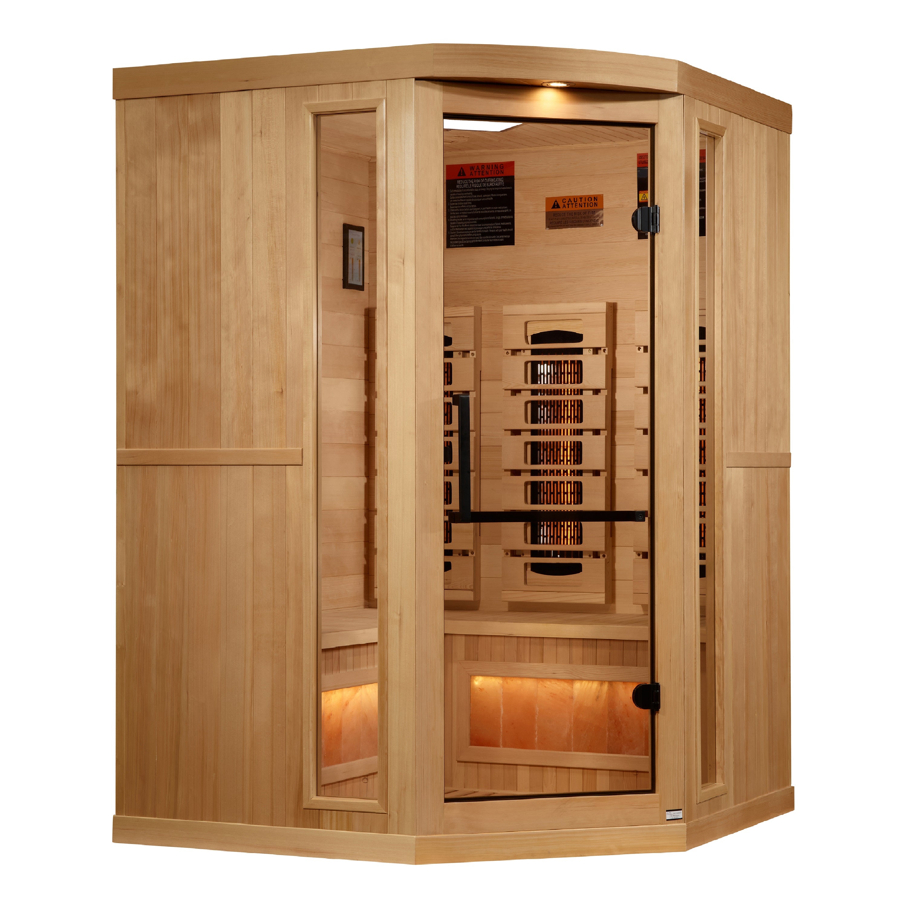 Golden Designs 3–Person Corner Full-Spectrum Near Zero-EMF Infrared Sauna (Canadian Hemlock) — with Himalayan Salt Bar, Chromotherapy & Bluetooth Audio