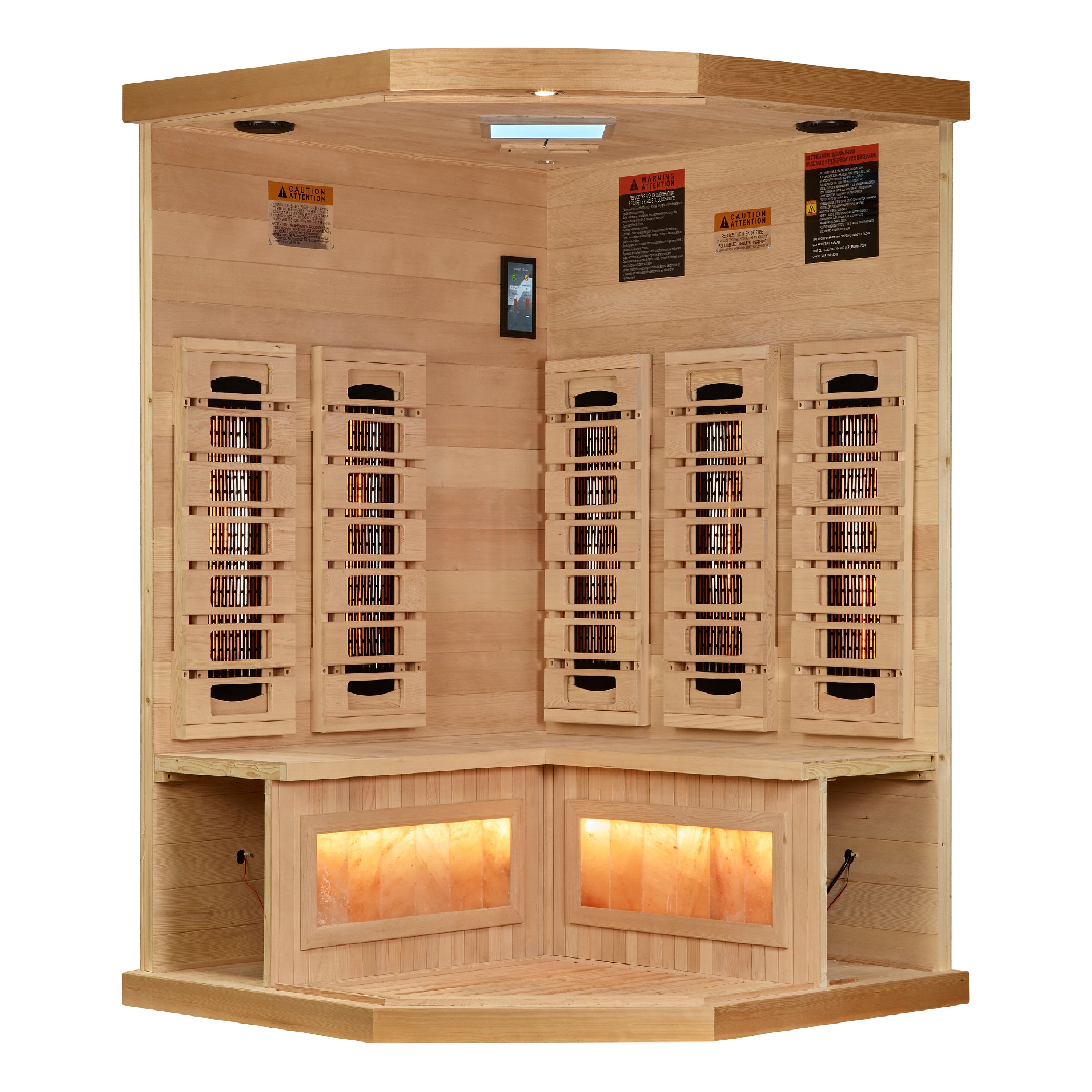 Golden Designs 3–Person Corner Full-Spectrum Near Zero-EMF Infrared Sauna (Canadian Hemlock) — with Himalayan Salt Bar, Chromotherapy & Bluetooth Audio