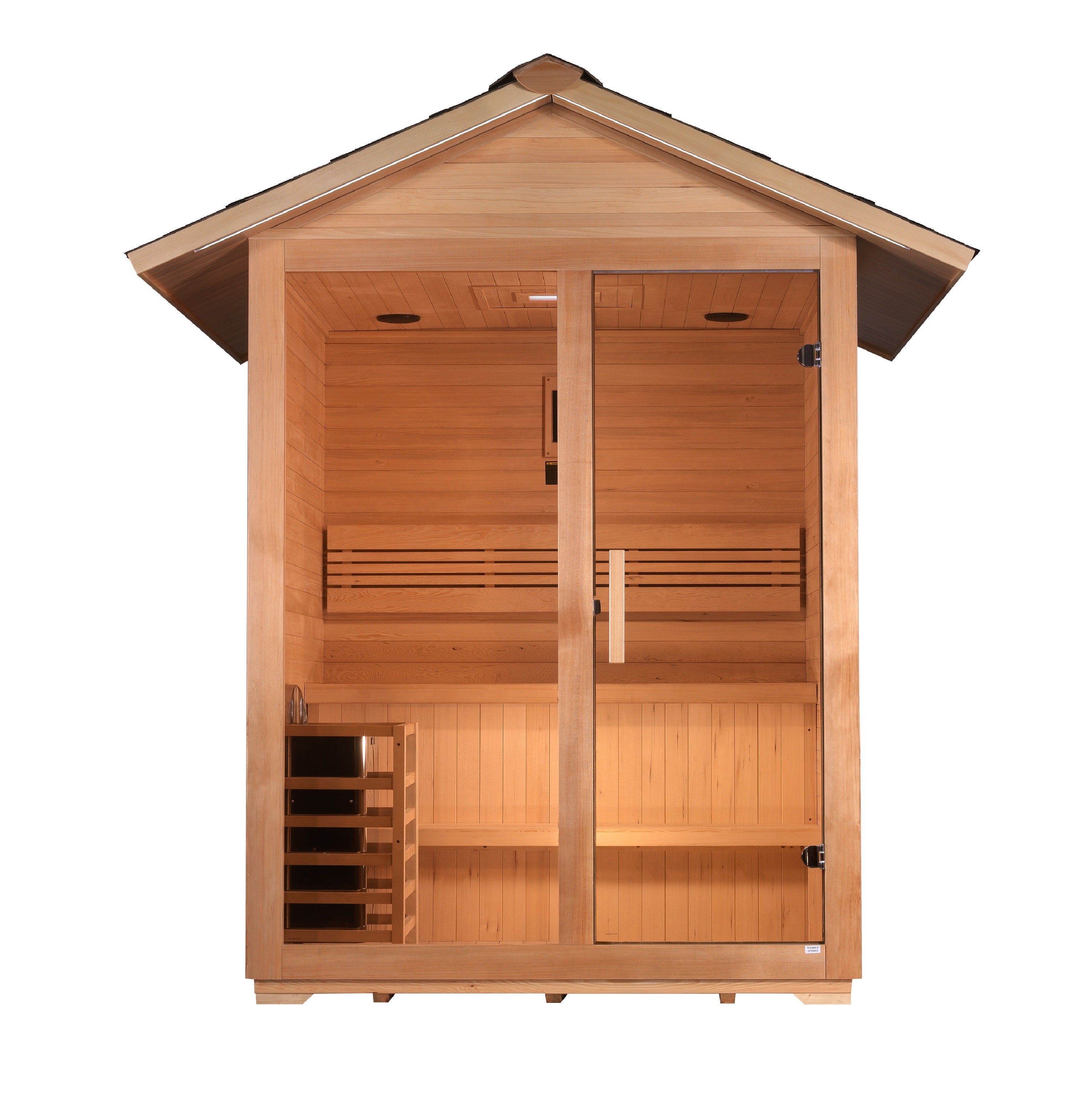 Golden Designs “Arlberg” 3–Person Traditional Outdoor Sauna (Canadian Hemlock) — with Chromotherapy & Bluetooth Audio