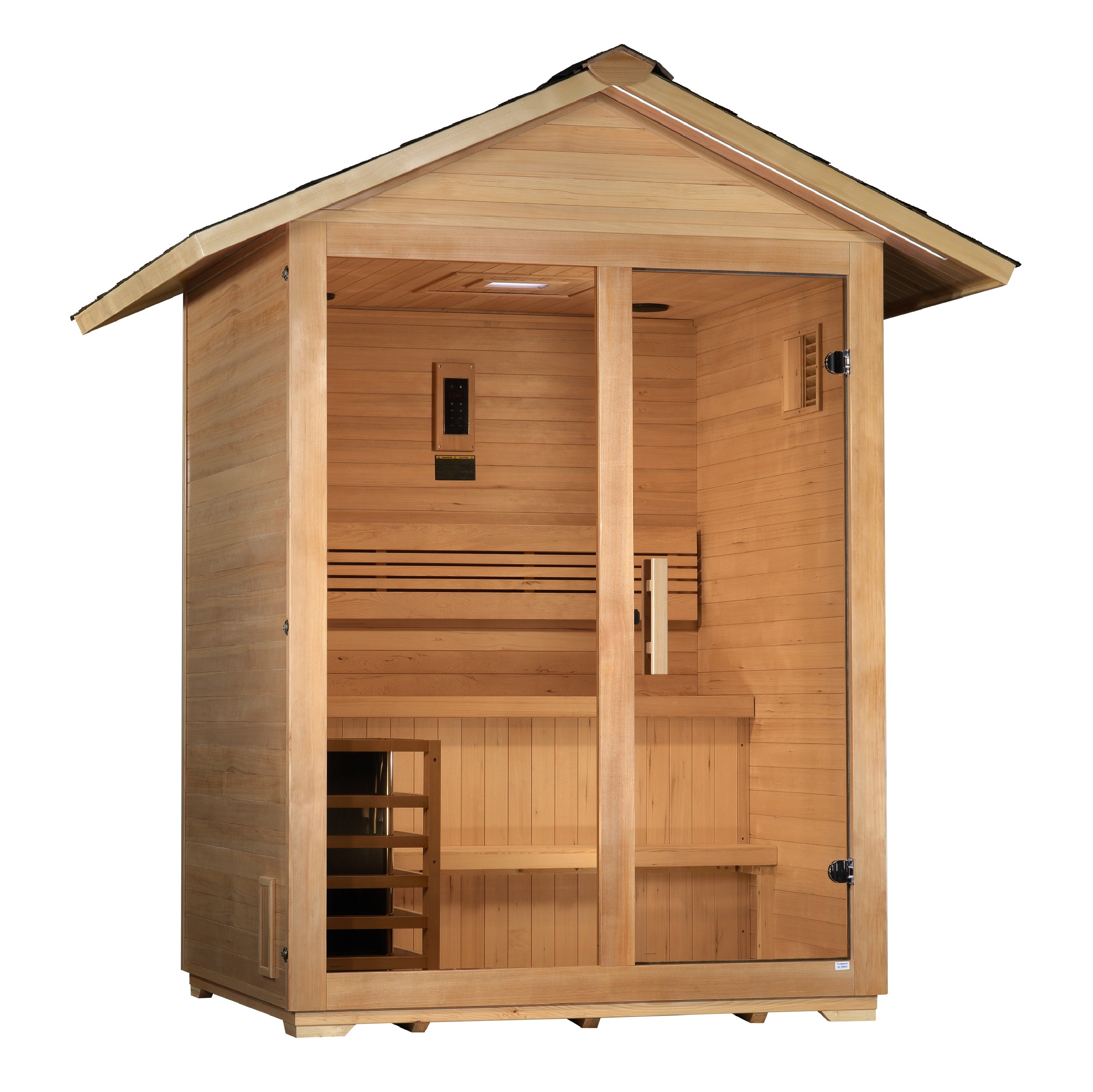 Golden Designs “Arlberg” 3–Person Traditional Outdoor Sauna (Canadian Hemlock) — with Chromotherapy & Bluetooth Audio