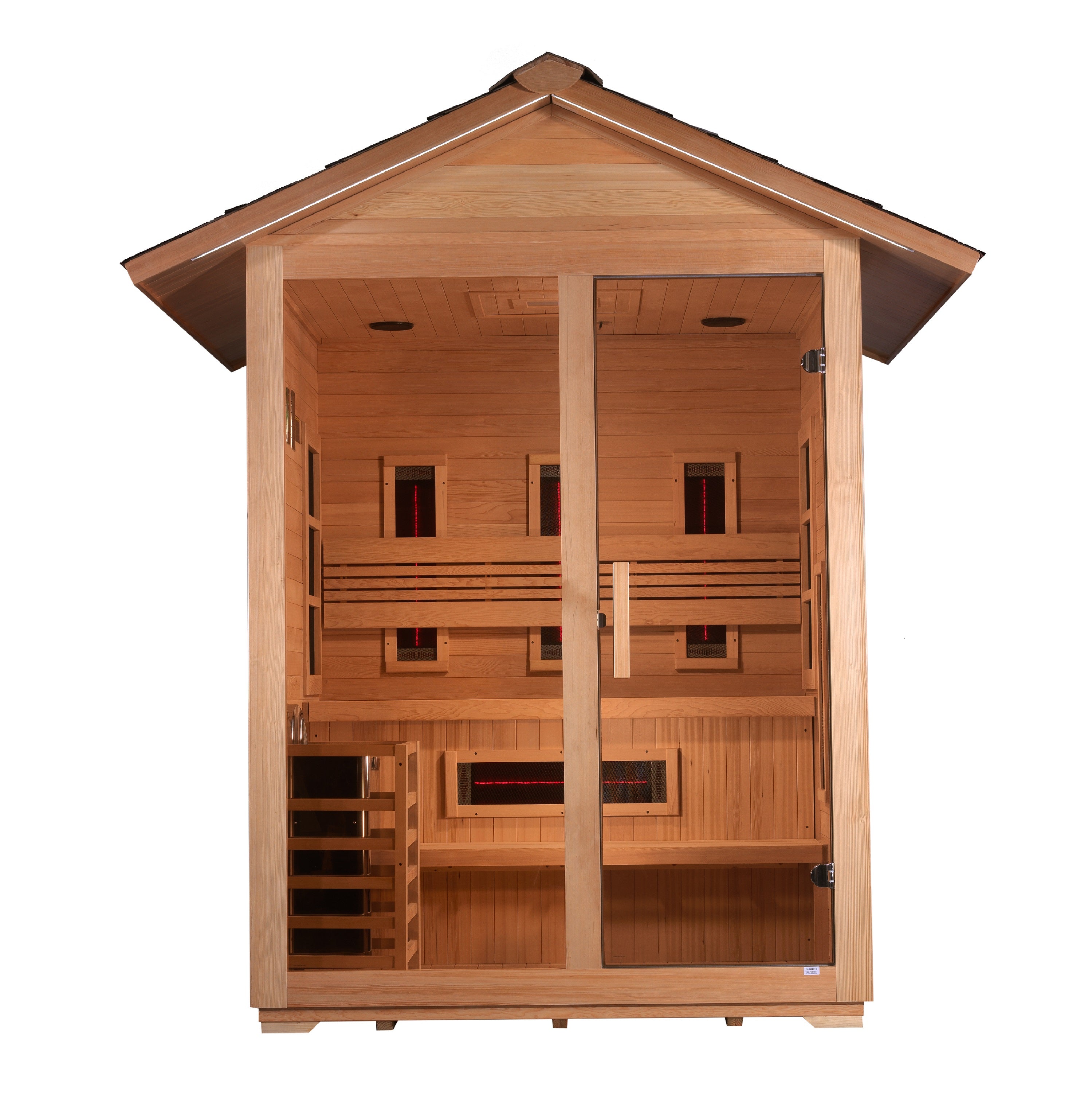 Golden Designs “Carinthia” 3–Person Hybrid Outdoor Sauna (Canadian Hemlock) — Full-Spectrum Infrared + Traditional Stove, Chromotherapy & Bluetooth Audio