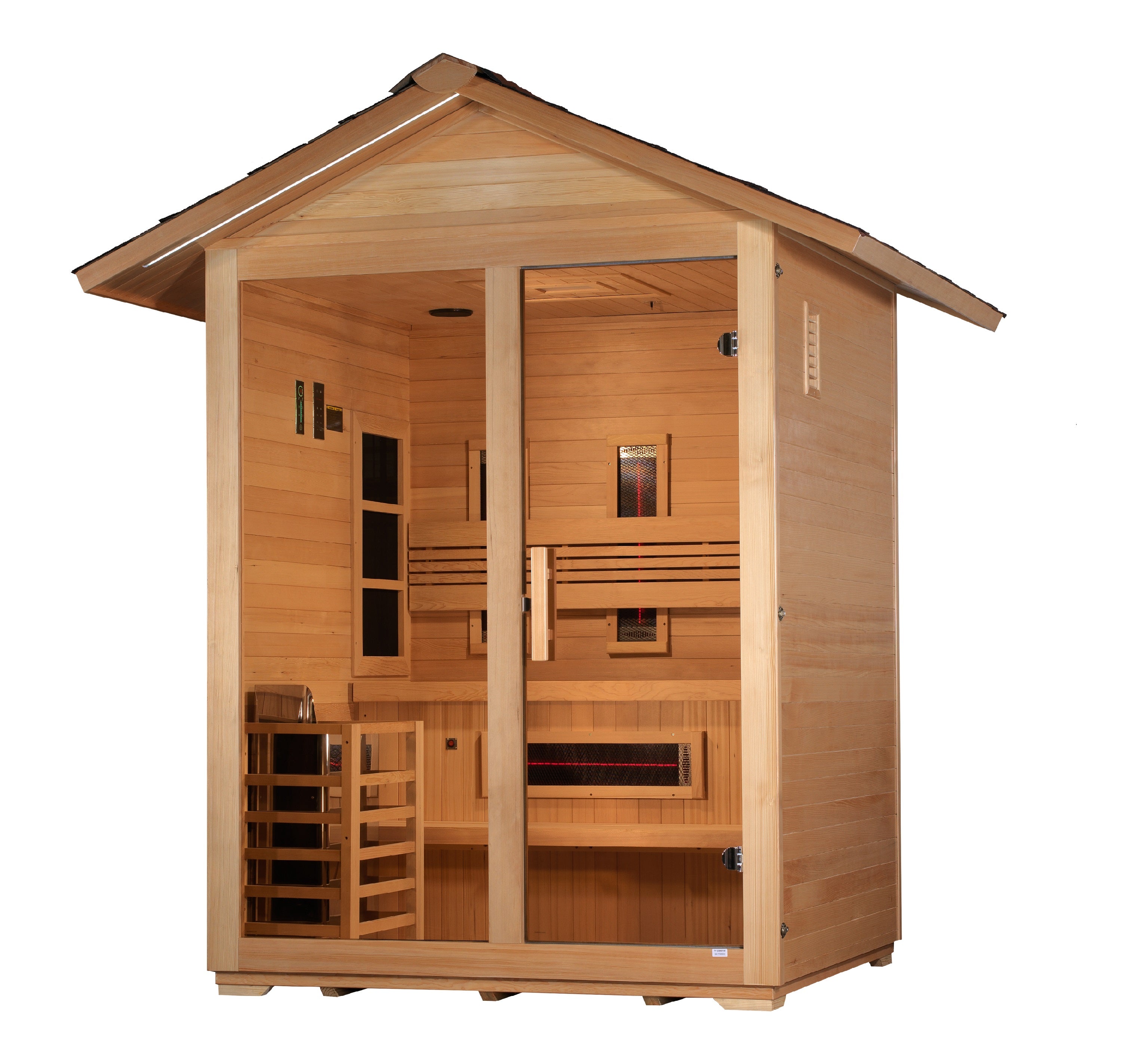 Golden Designs “Carinthia” 3–Person Hybrid Outdoor Sauna (Canadian Hemlock) — Full-Spectrum Infrared + Traditional Stove, Chromotherapy & Bluetooth Audio