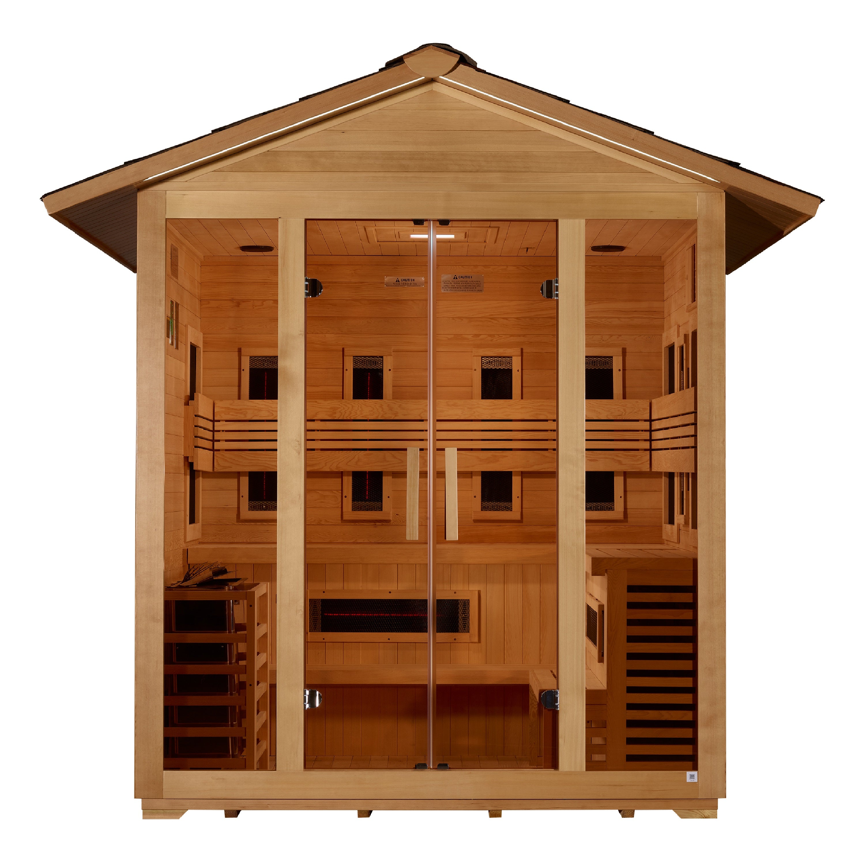 Golden Designs “Gargellen” 5–Person Hybrid Outdoor Sauna (Canadian Hemlock) — Full-Spectrum Infrared + Traditional Stove, Chromotherapy & Bluetooth Audio