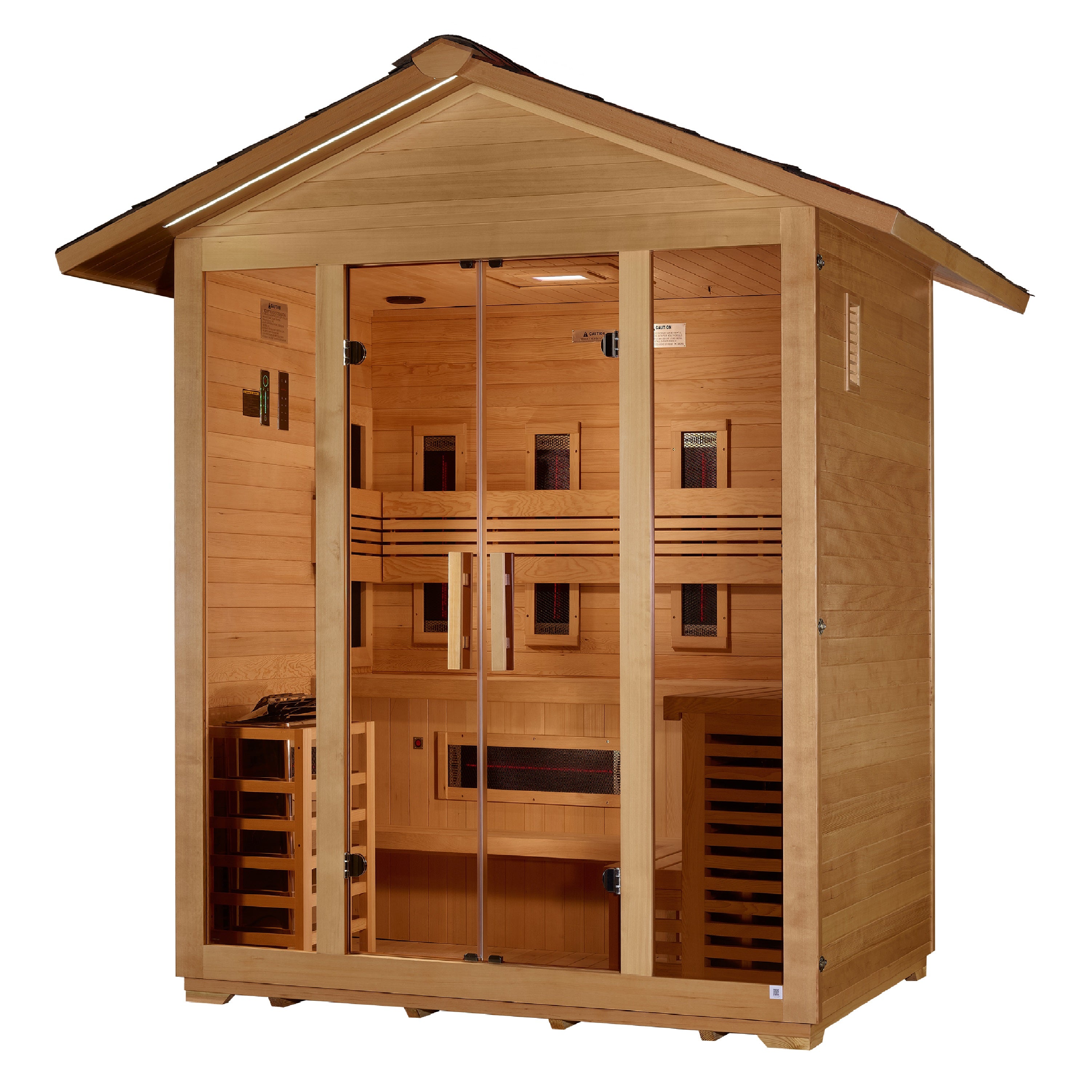 Golden Designs “Gargellen” 5–Person Hybrid Outdoor Sauna (Canadian Hemlock) — Full-Spectrum Infrared + Traditional Stove, Chromotherapy & Bluetooth Audio