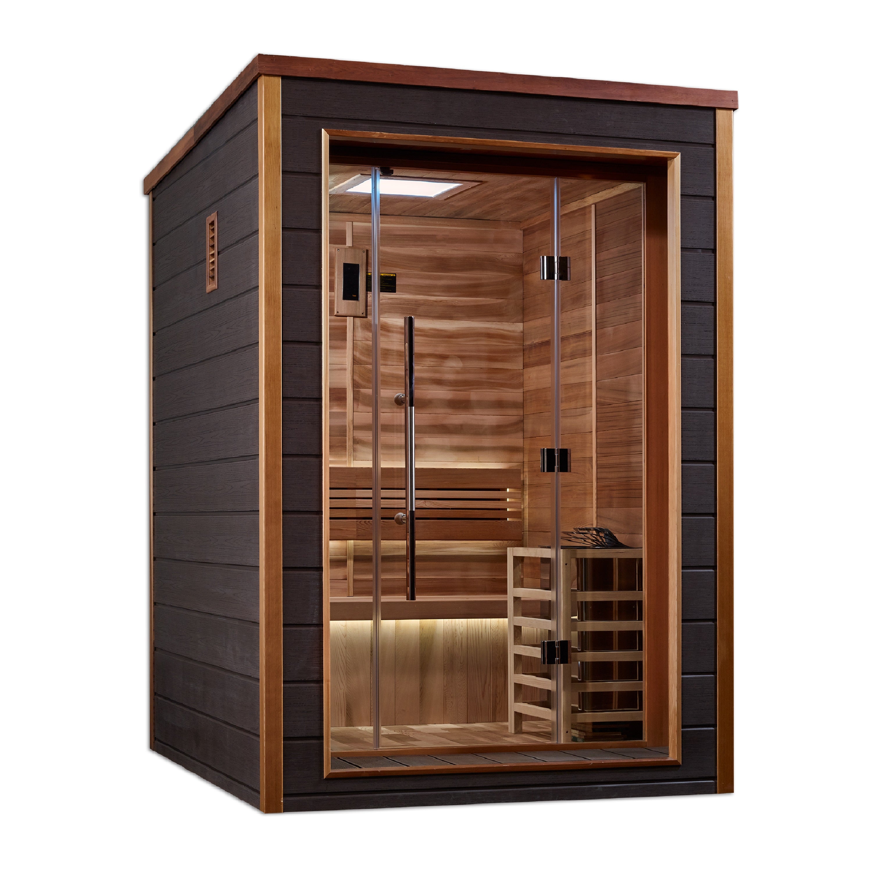 Golden Designs “Narvik” 2–Person Traditional Outdoor Sauna — All-Weather Exterior & All Canadian Red Cedar Interior, with Chromotherapy & Bluetooth Audio