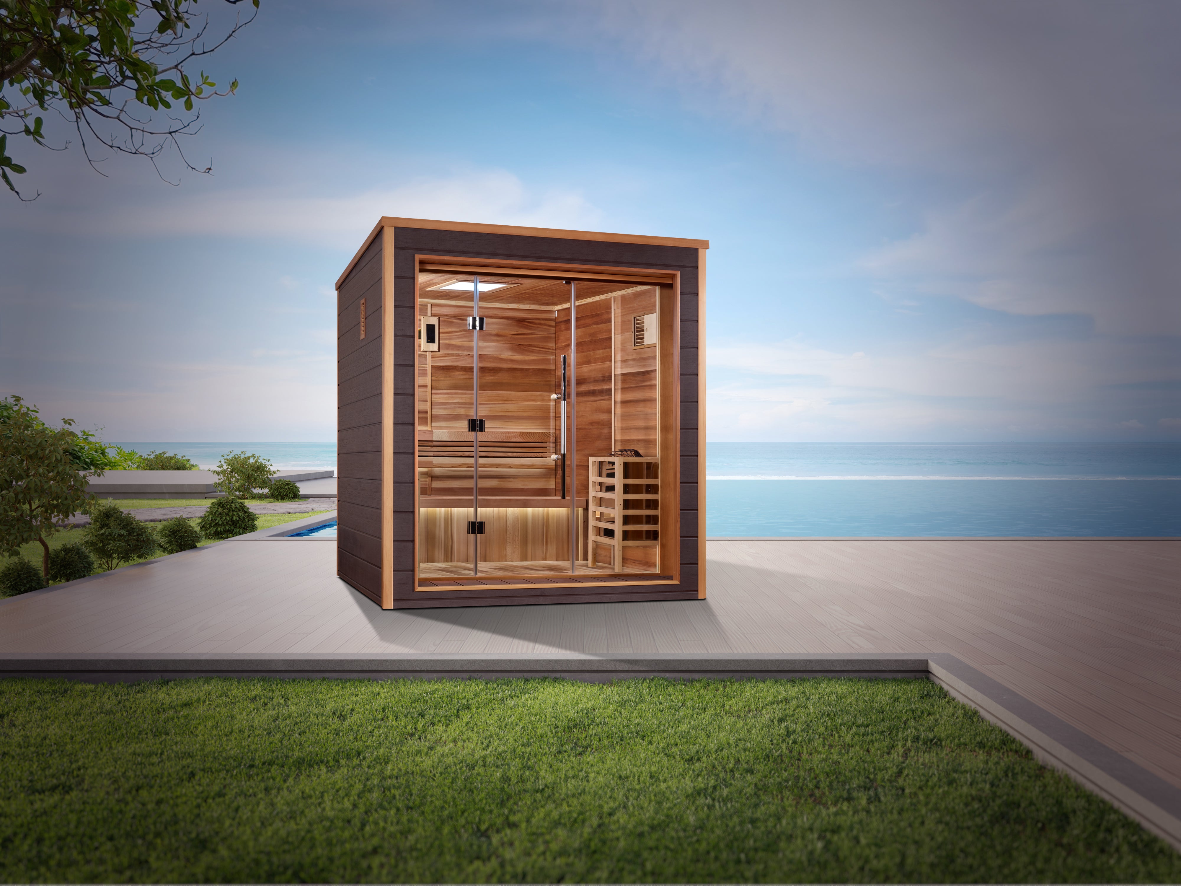 Golden Designs “Drammen” 3–Person Traditional Outdoor Sauna — All-Weather Exterior & All Canadian Red Cedar Interior, with Chromotherapy & Bluetooth Audio