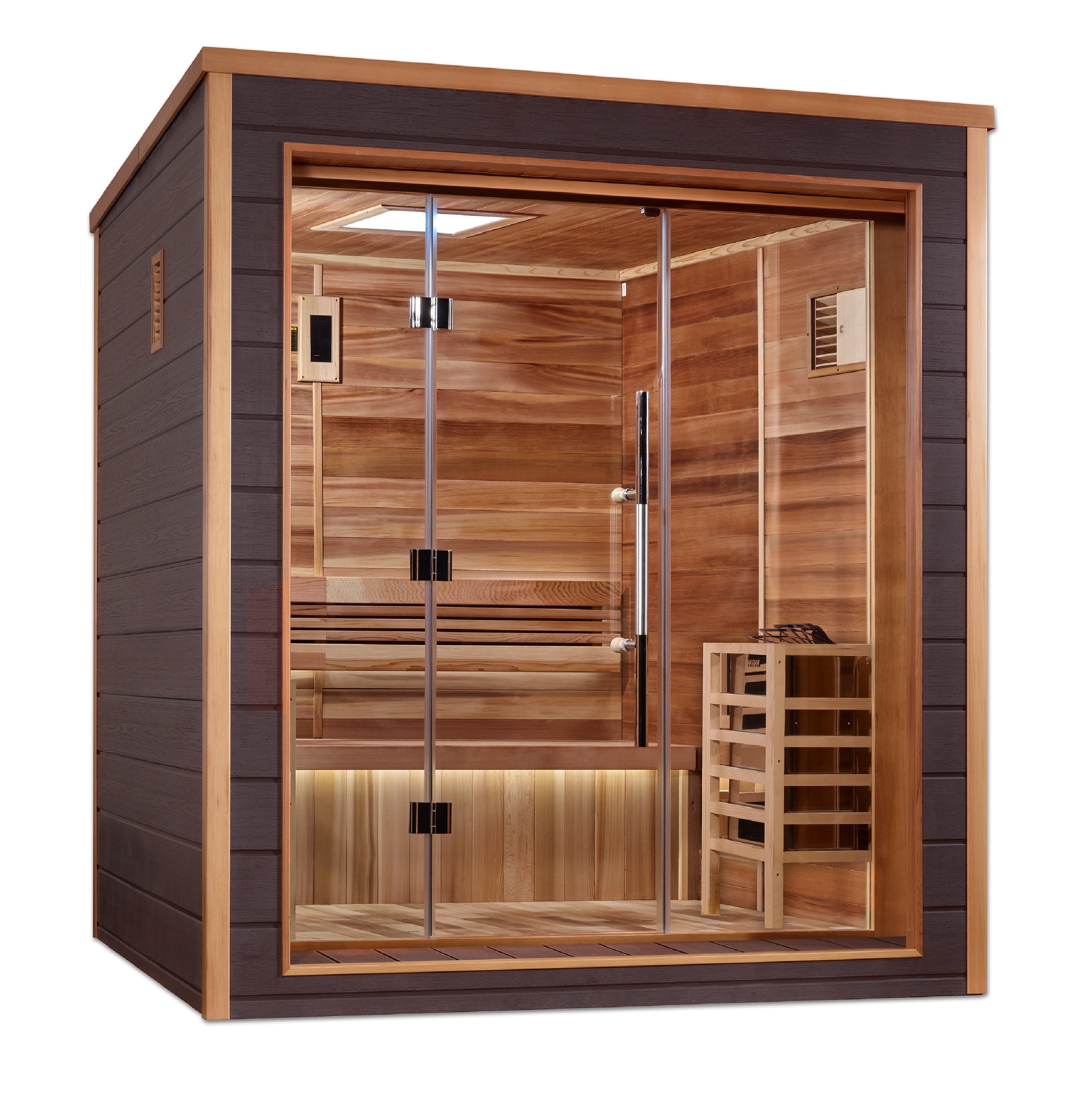 Golden Designs “Drammen” 3–Person Traditional Outdoor Sauna — All-Weather Exterior & All Canadian Red Cedar Interior, with Chromotherapy & Bluetooth Audio