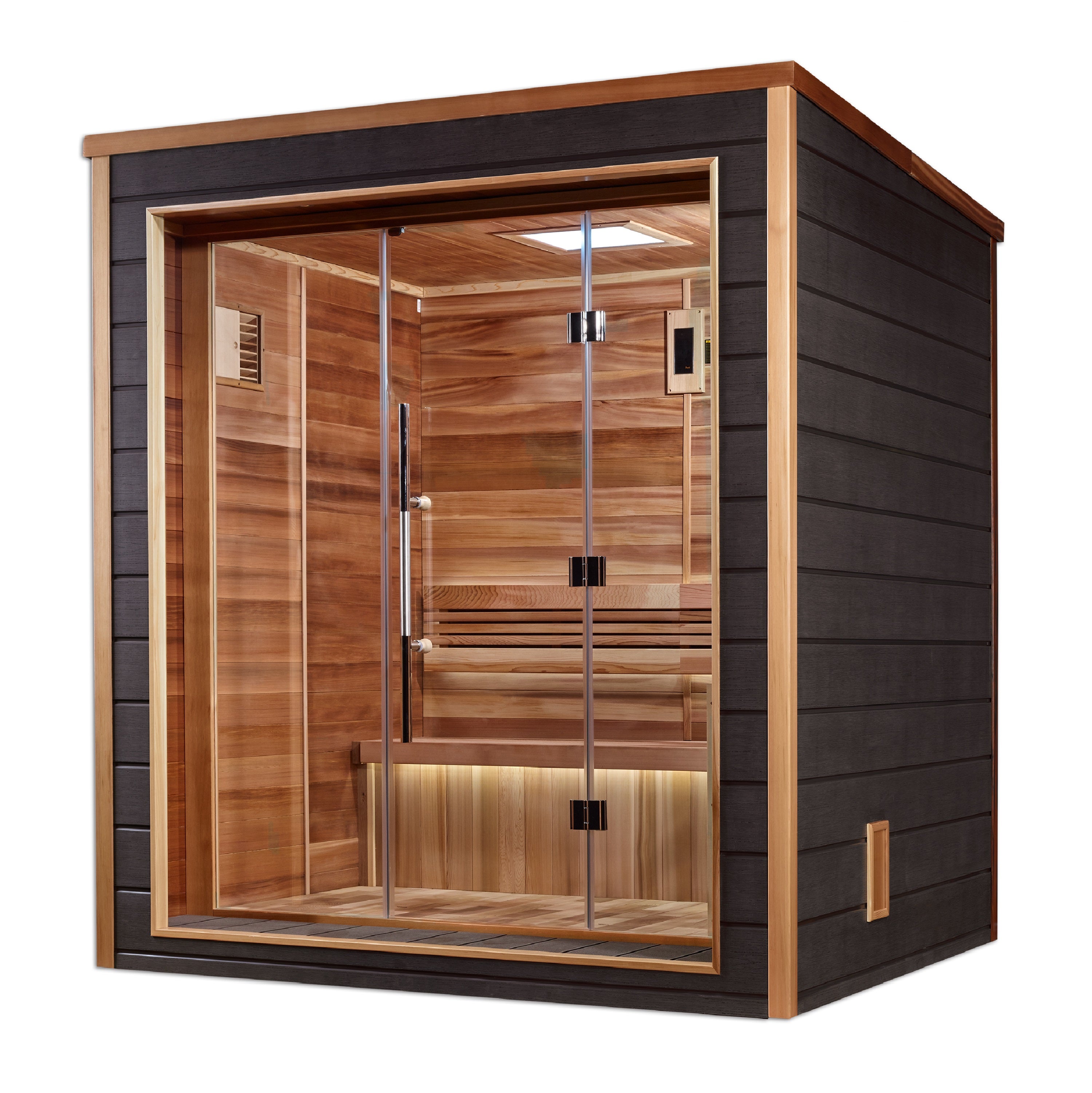 Golden Designs “Drammen” 3–Person Traditional Outdoor Sauna — All-Weather Exterior & All Canadian Red Cedar Interior, with Chromotherapy & Bluetooth Audio