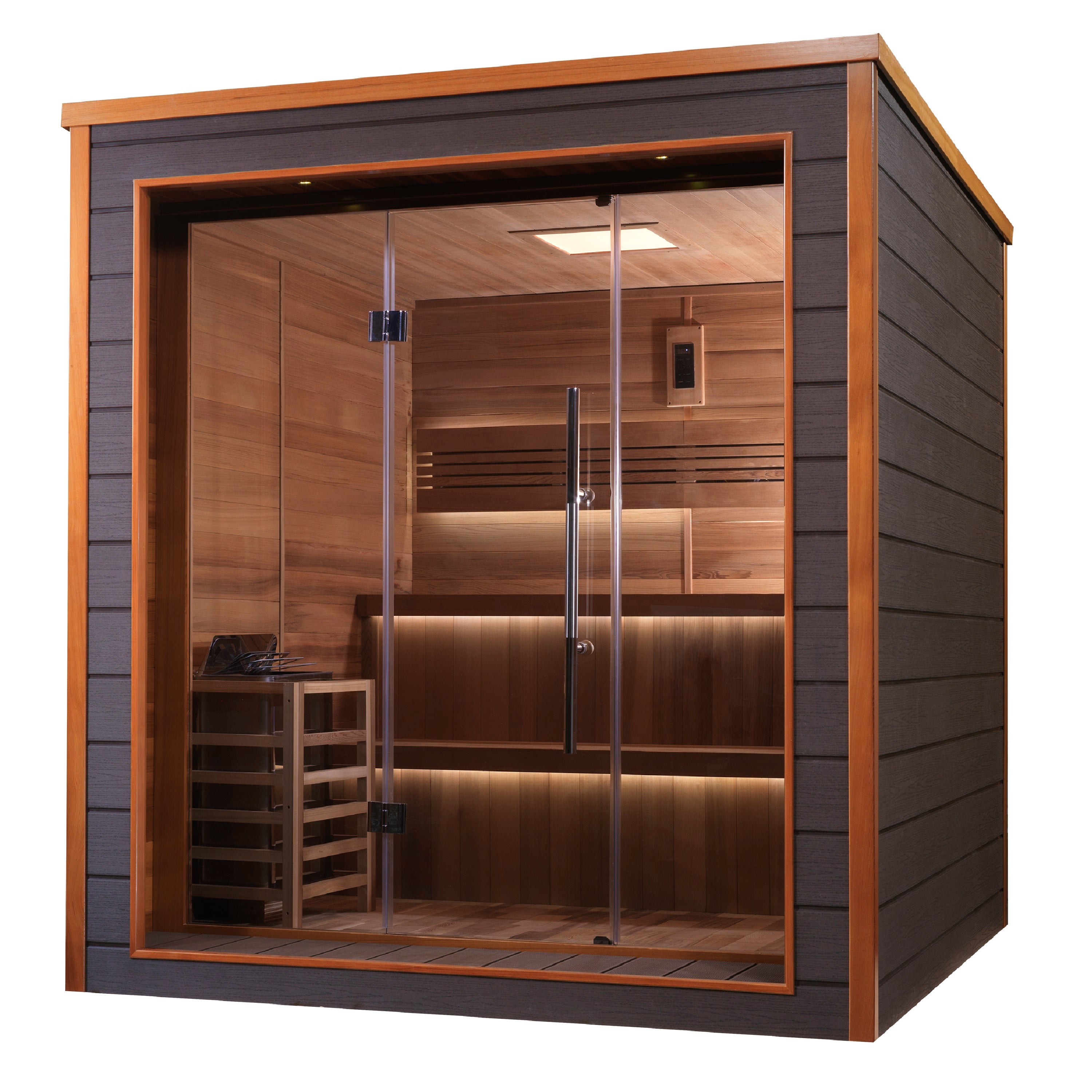 Golden Designs “Bergen” 6–Person Traditional Outdoor Sauna — All-Weather Exterior & All Canadian Red Cedar Interior, with Chromotherapy & Bluetooth Audio
