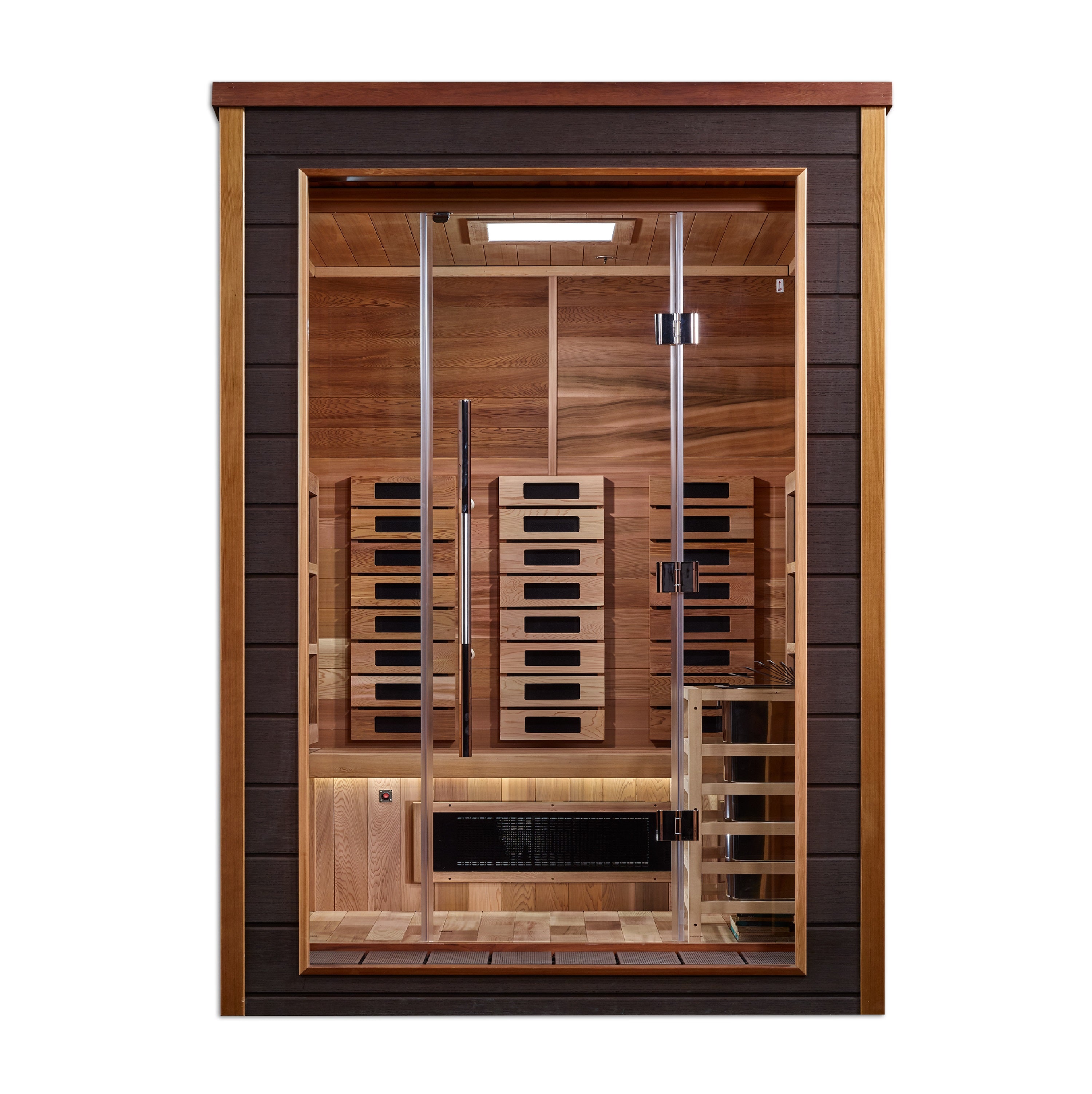 Golden Designs “Nora” 2–Person Hybrid Outdoor Modern Series Sauna — Full-Spectrum Infrared + Traditional Stove, Chromotherapy & Bluetooth Audio (Canadian Red Cedar Interior)