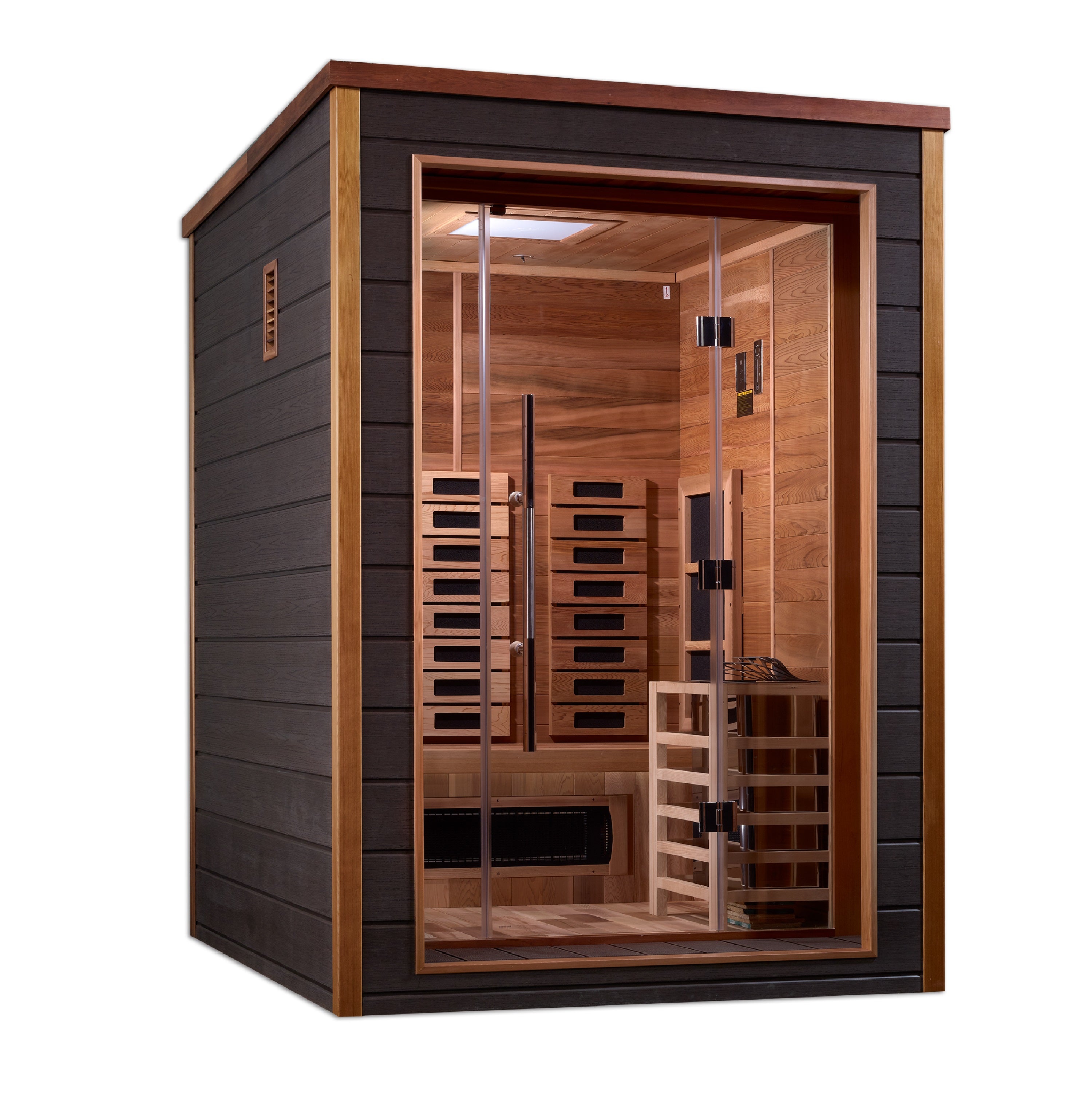 Golden Designs “Nora” 2–Person Hybrid Outdoor Modern Series Sauna — Full-Spectrum Infrared + Traditional Stove, Chromotherapy & Bluetooth Audio (Canadian Red Cedar Interior)