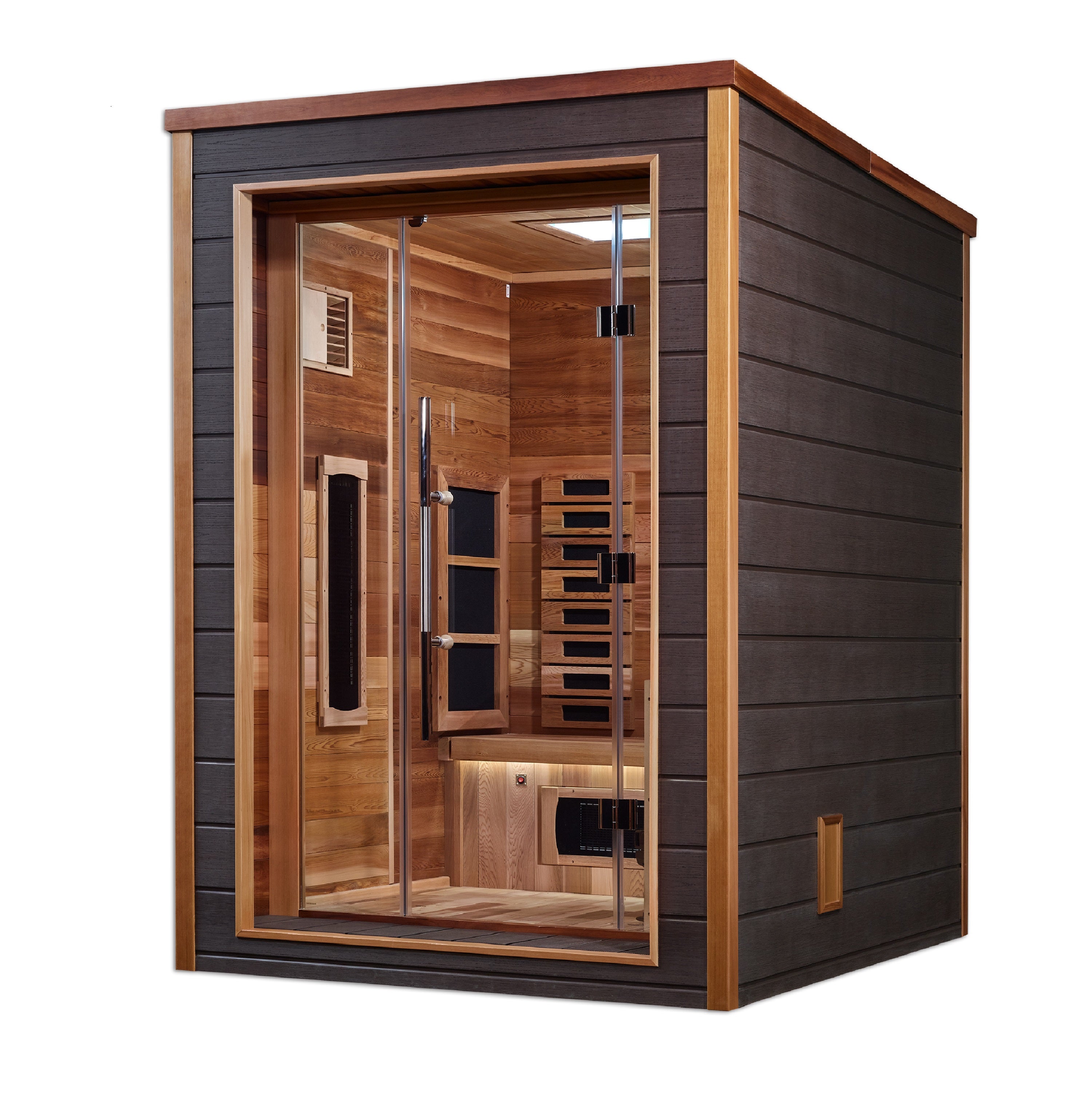 Golden Designs “Nora” 2–Person Hybrid Outdoor Modern Series Sauna — Full-Spectrum Infrared + Traditional Stove, Chromotherapy & Bluetooth Audio (Canadian Red Cedar Interior)