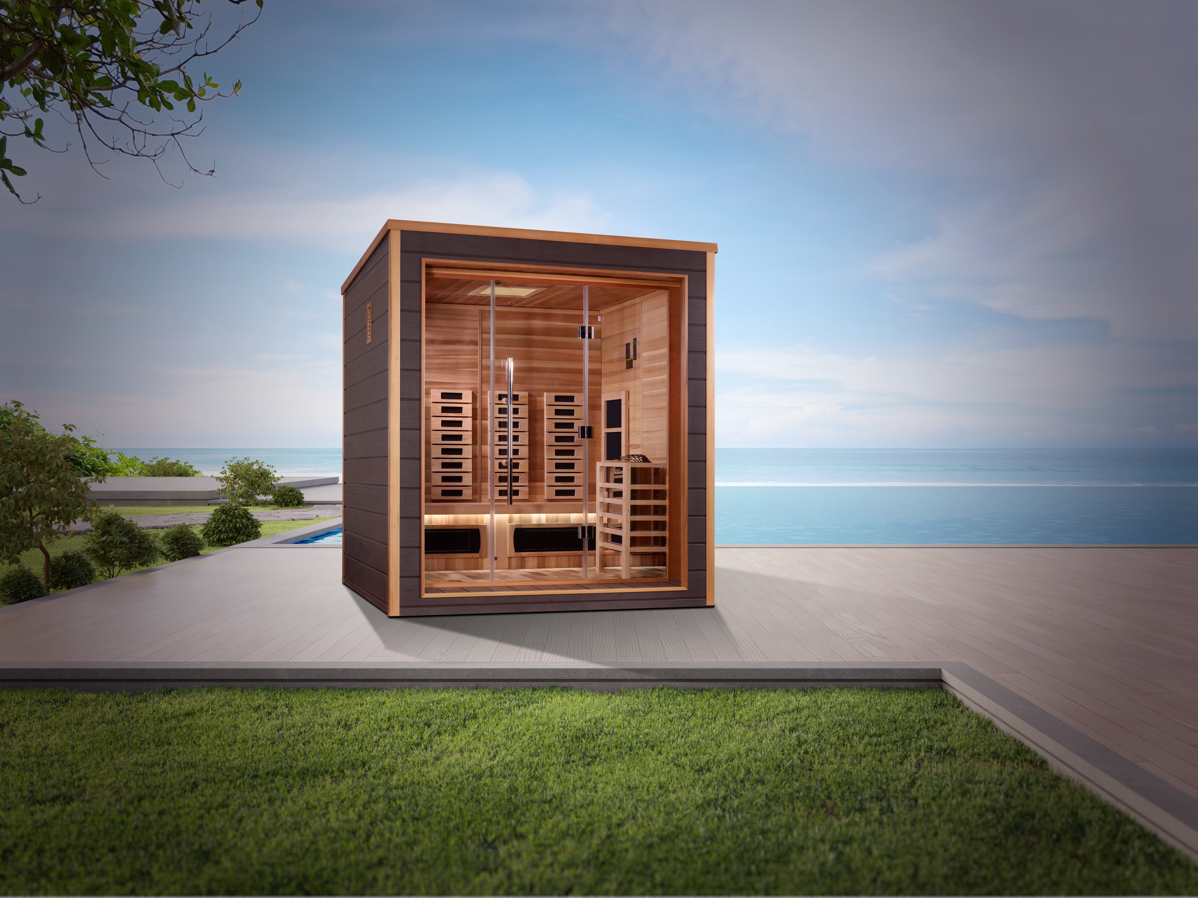 Golden Designs “Visby” 3–Person Hybrid Outdoor Modern Series Sauna — Full-Spectrum Infrared + Traditional Stove, Chromotherapy & Bluetooth Audio (Canadian Red Cedar Interior)