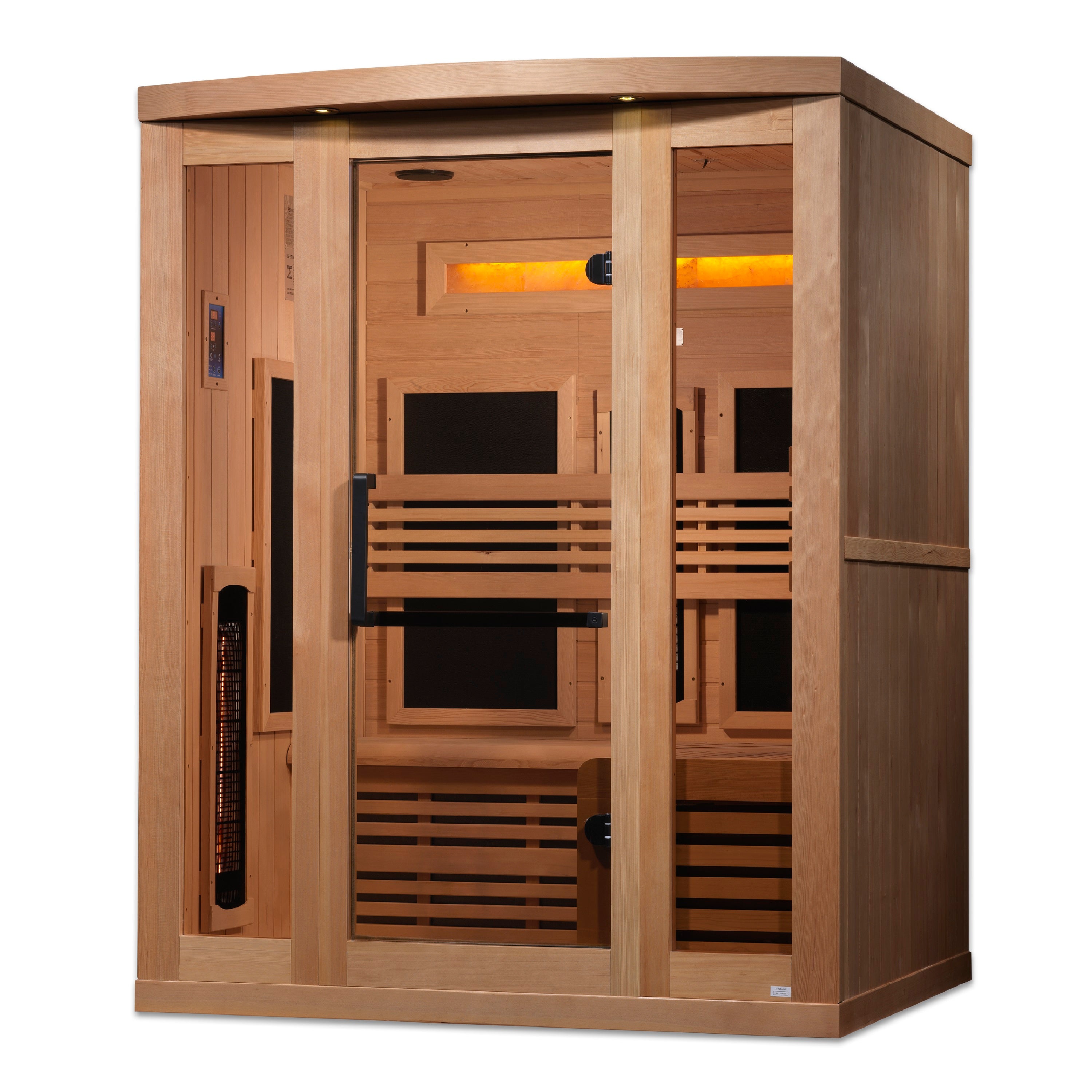 Golden Designs 3–Person Full-Spectrum Near Zero-EMF Infrared Sauna (Canadian Hemlock) — with Himalayan Salt Bar, Chromotherapy & Bluetooth Audio