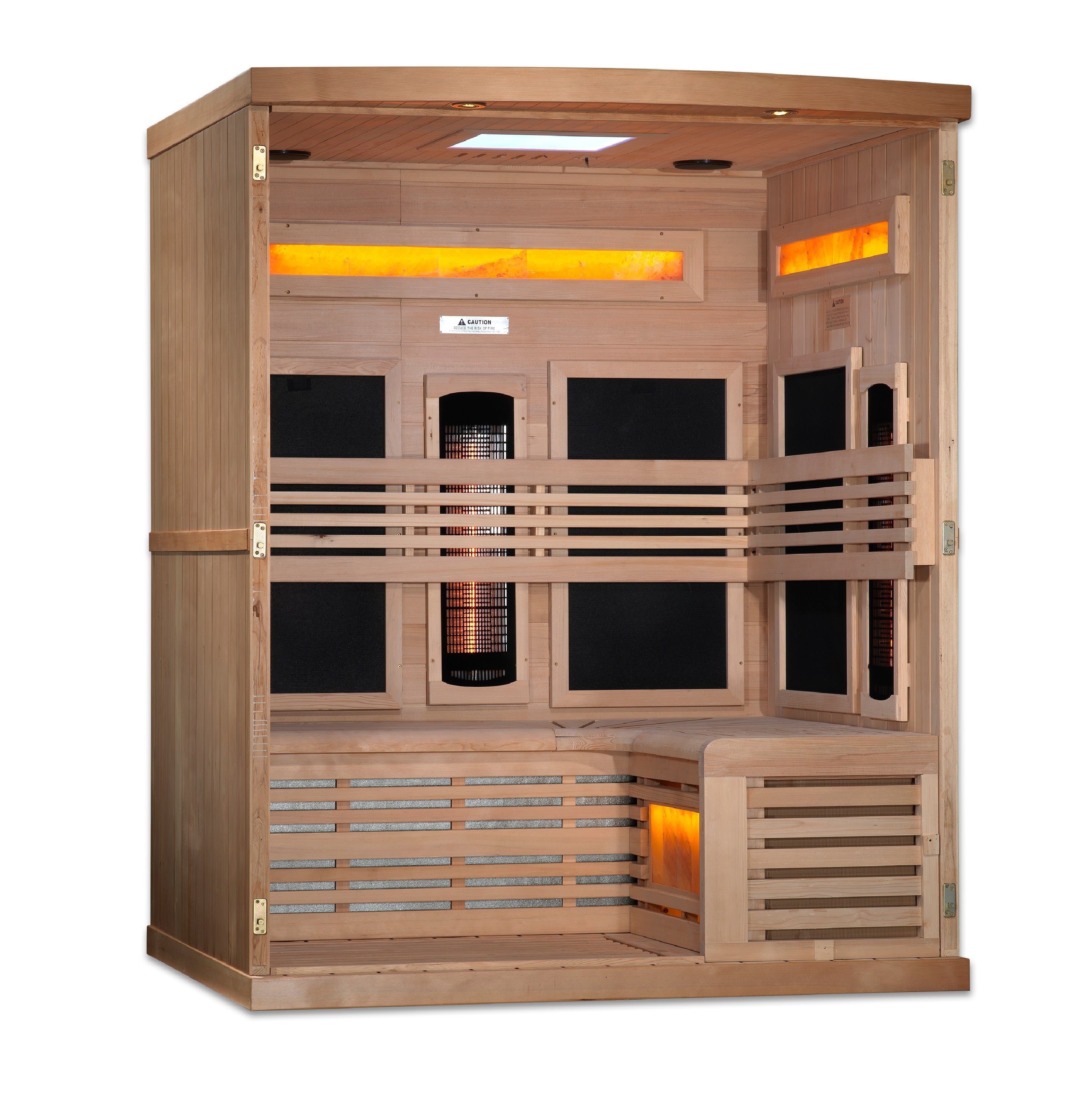 Golden Designs 3–Person Full-Spectrum Near Zero-EMF Infrared Sauna (Canadian Hemlock) — with Himalayan Salt Bar, Chromotherapy & Bluetooth Audio