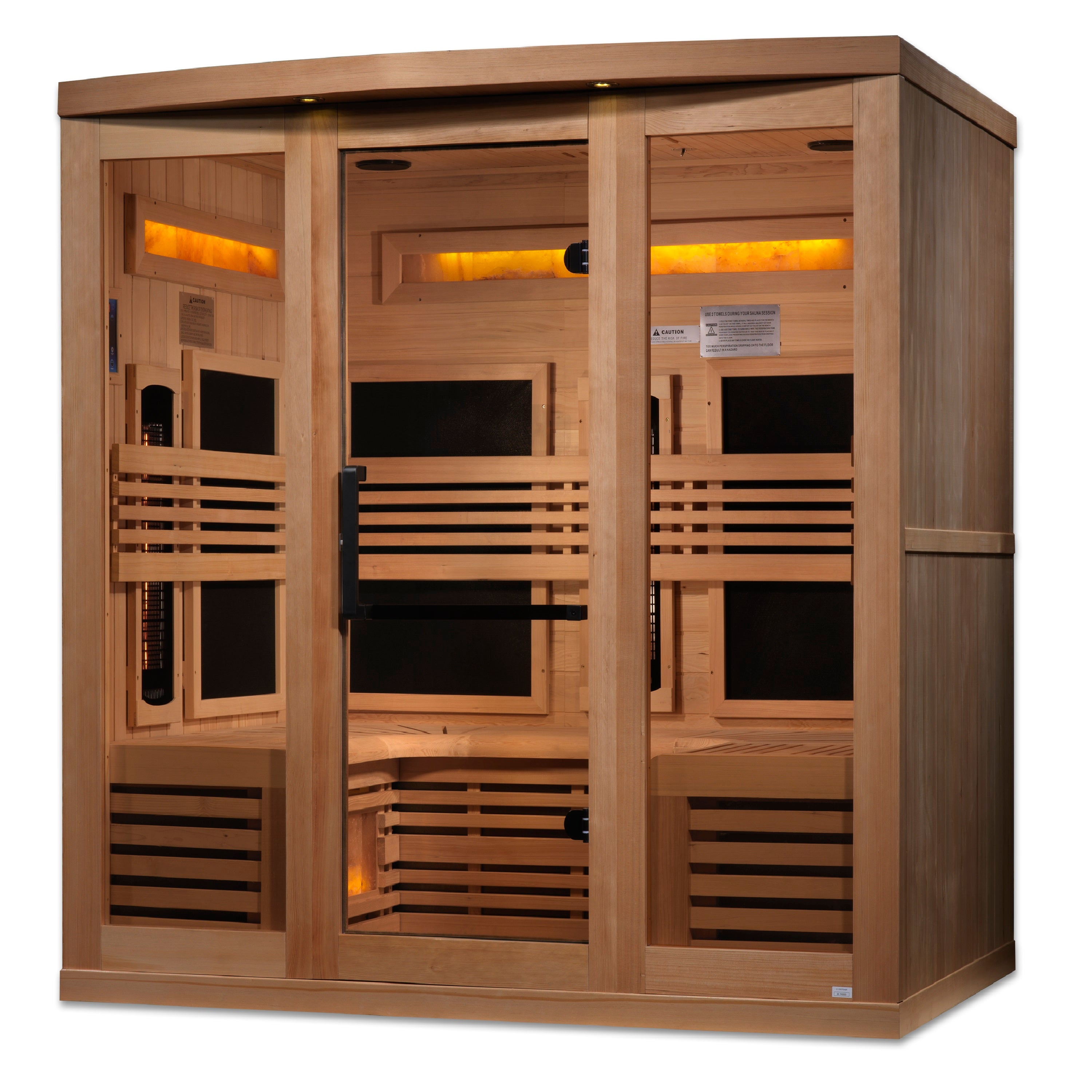 Golden Designs 6–Person Full-Spectrum Near Zero-EMF Infrared Sauna (Canadian Hemlock) — with Himalayan Salt Bar, Chromotherapy & Bluetooth Audio