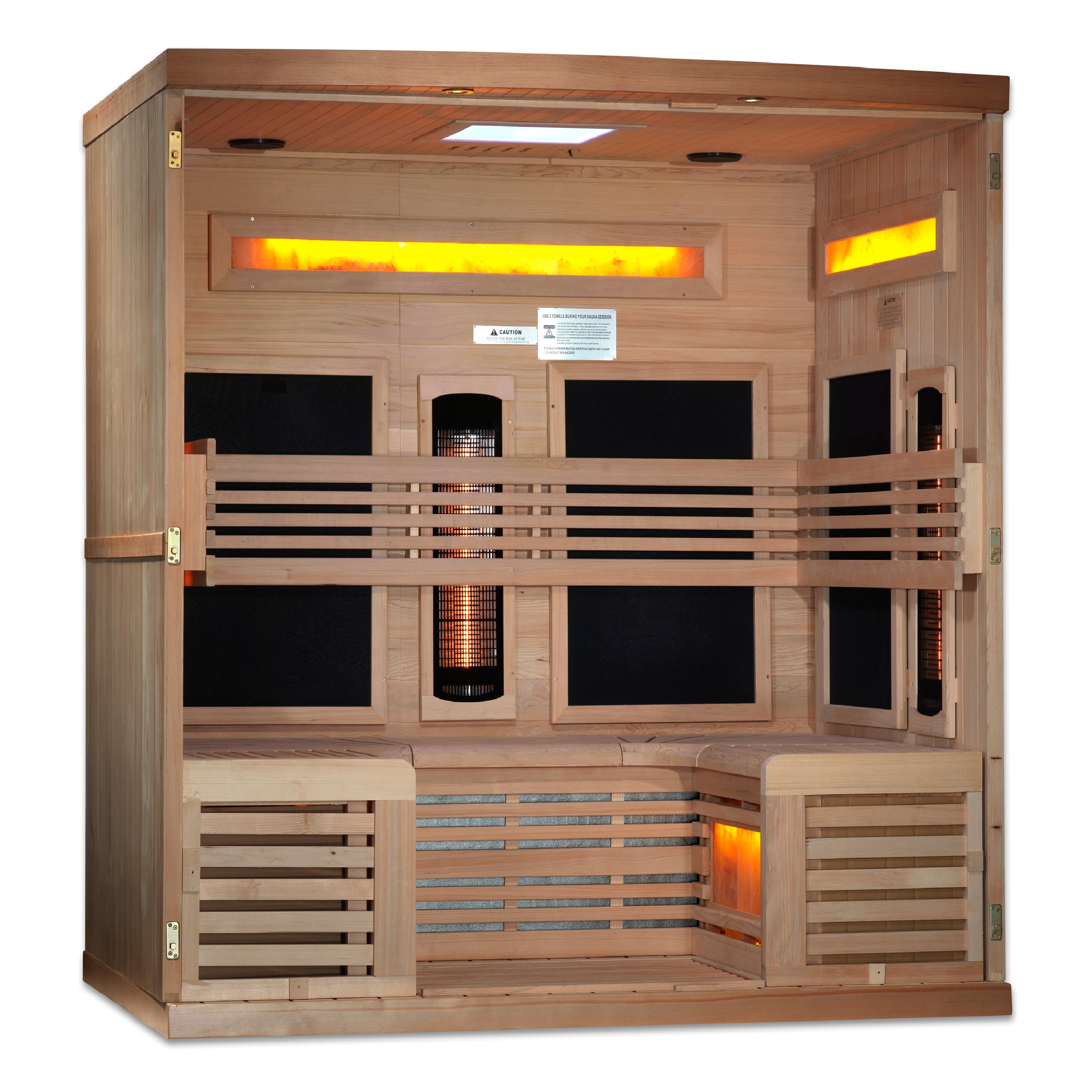 Golden Designs 6–Person Full-Spectrum Near Zero-EMF Infrared Sauna (Canadian Hemlock) — with Himalayan Salt Bar, Chromotherapy & Bluetooth Audio