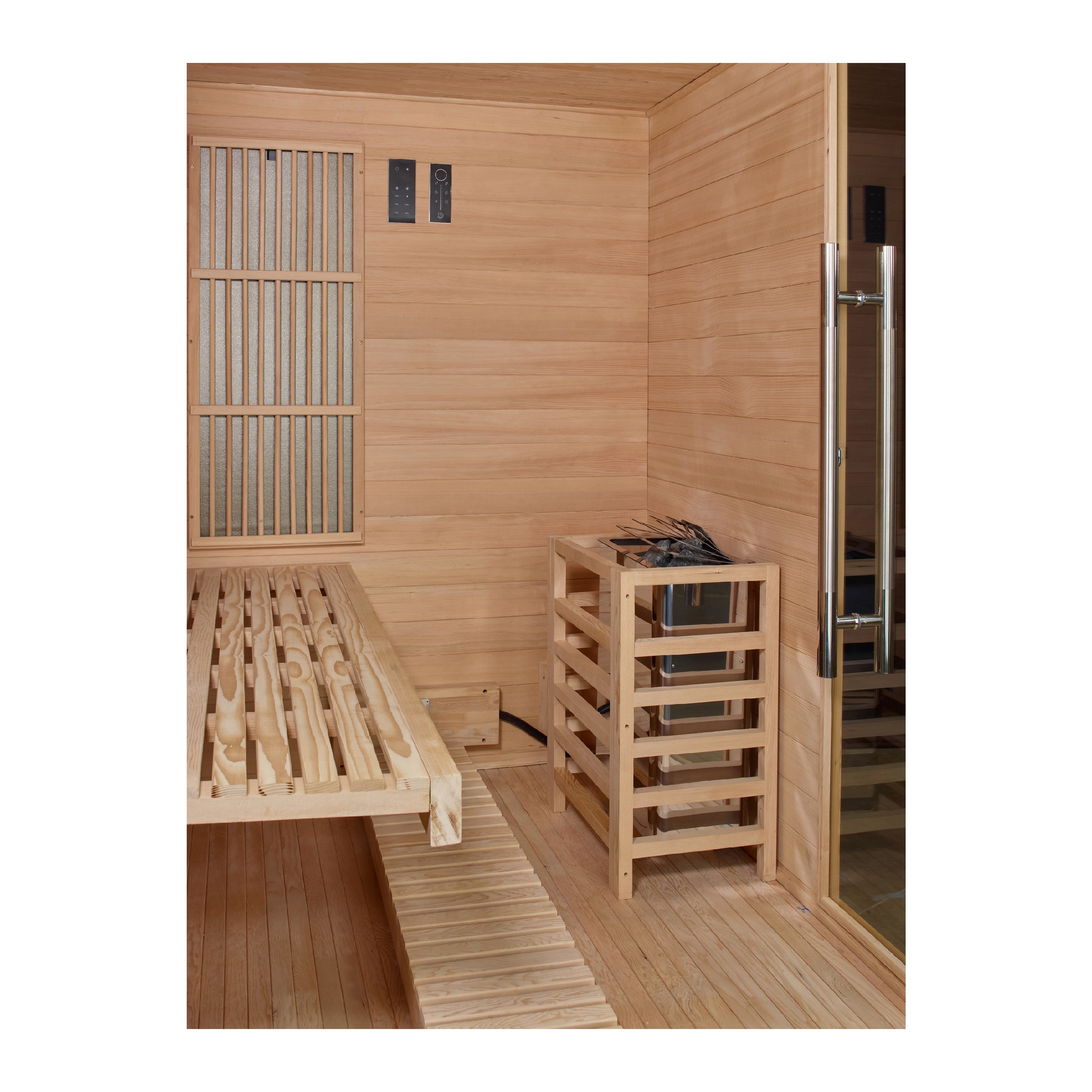Golden Designs Soria 3–Person Hybrid Sauna (Canadian Hemlock) — Full Spectrum Infrared + Harvia Traditional Stove, Chromotherapy & Bluetooth Audio