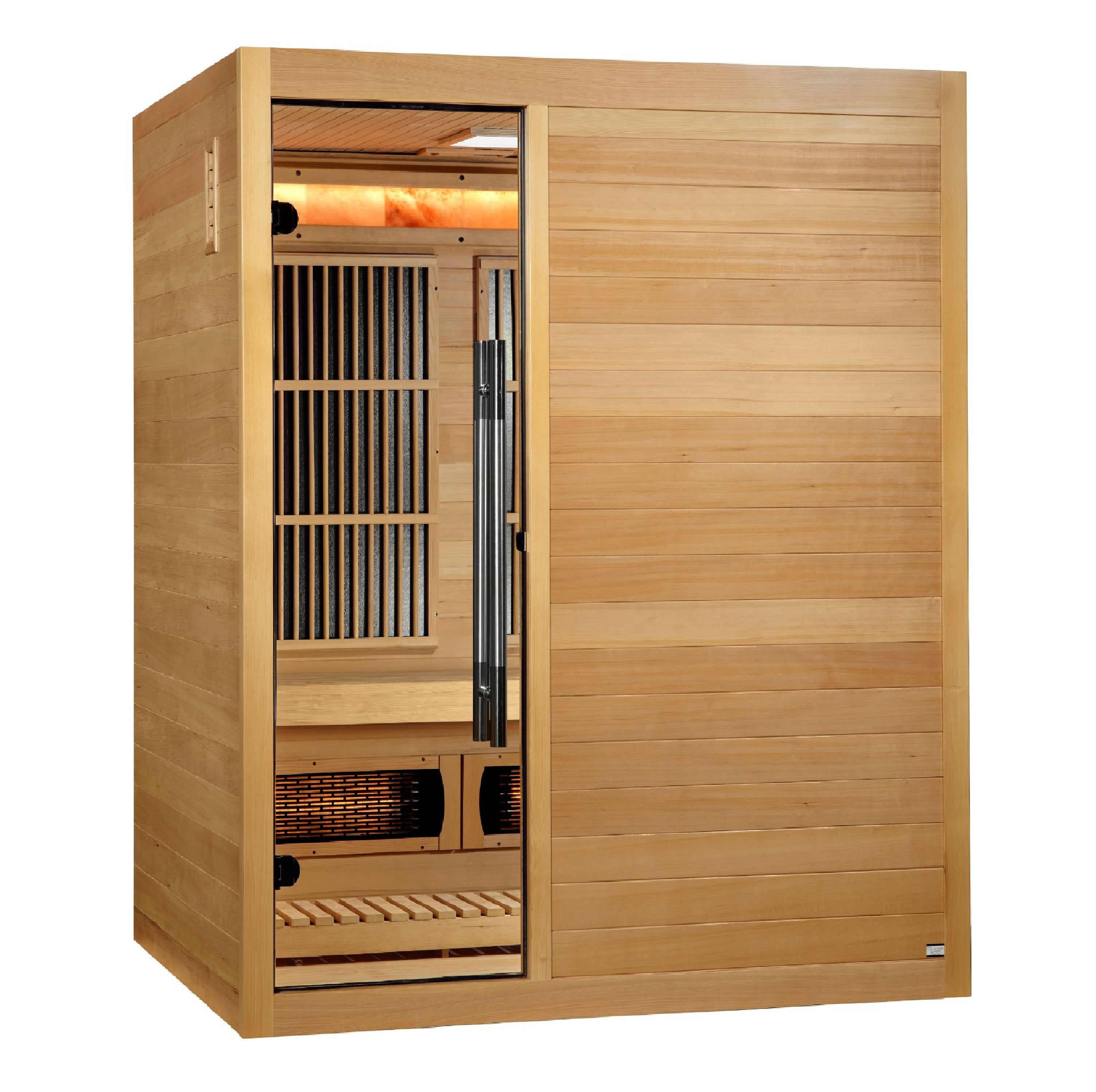 Golden Designs Soria 3–Person Hybrid Sauna (Canadian Hemlock) — Full Spectrum Infrared + Harvia Traditional Stove, Chromotherapy & Bluetooth Audio