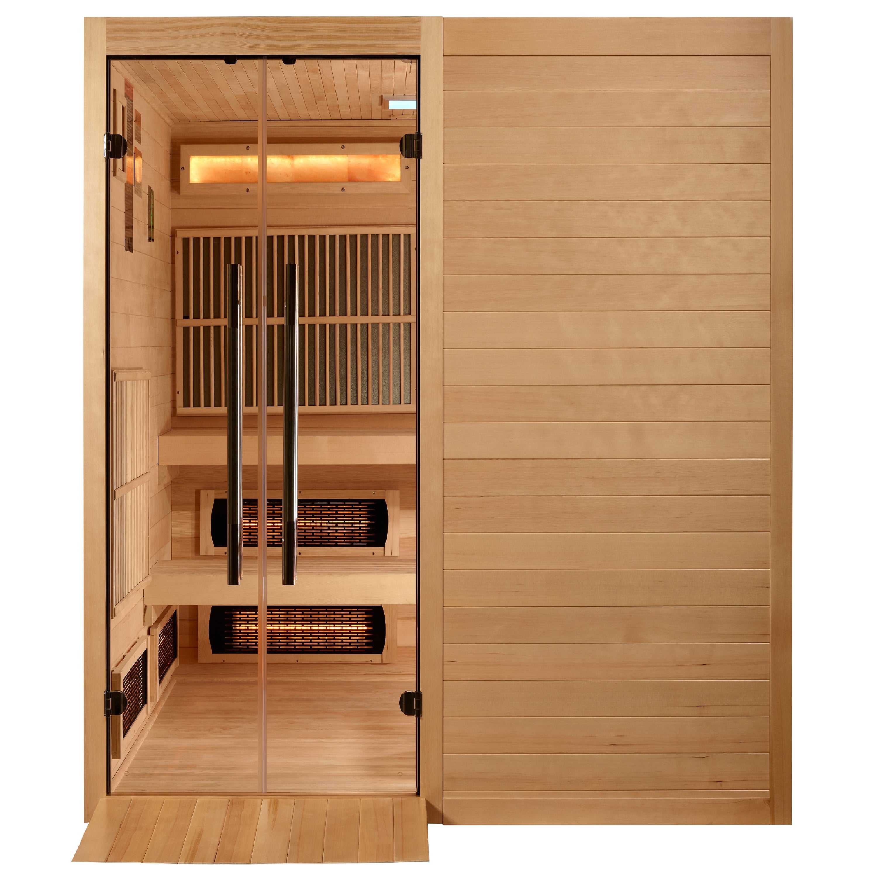 Golden Designs Toledo 6–Person Hybrid Sauna (Canadian Hemlock) — Full Spectrum Infrared + Harvia Traditional Stove, Chromotherapy & Bluetooth Audio