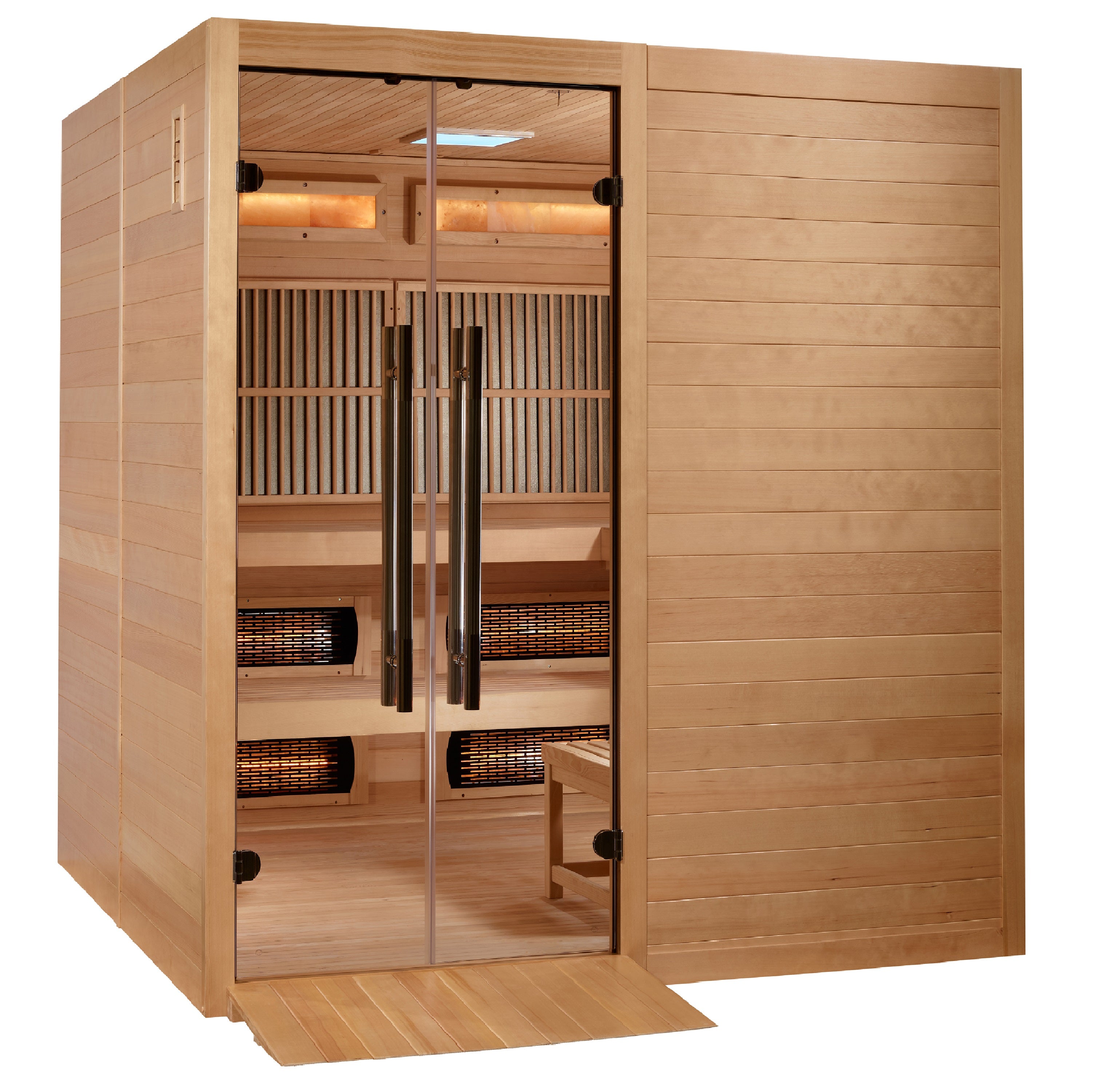 Golden Designs Toledo 6–Person Hybrid Sauna (Canadian Hemlock) — Full Spectrum Infrared + Harvia Traditional Stove, Chromotherapy & Bluetooth Audio
