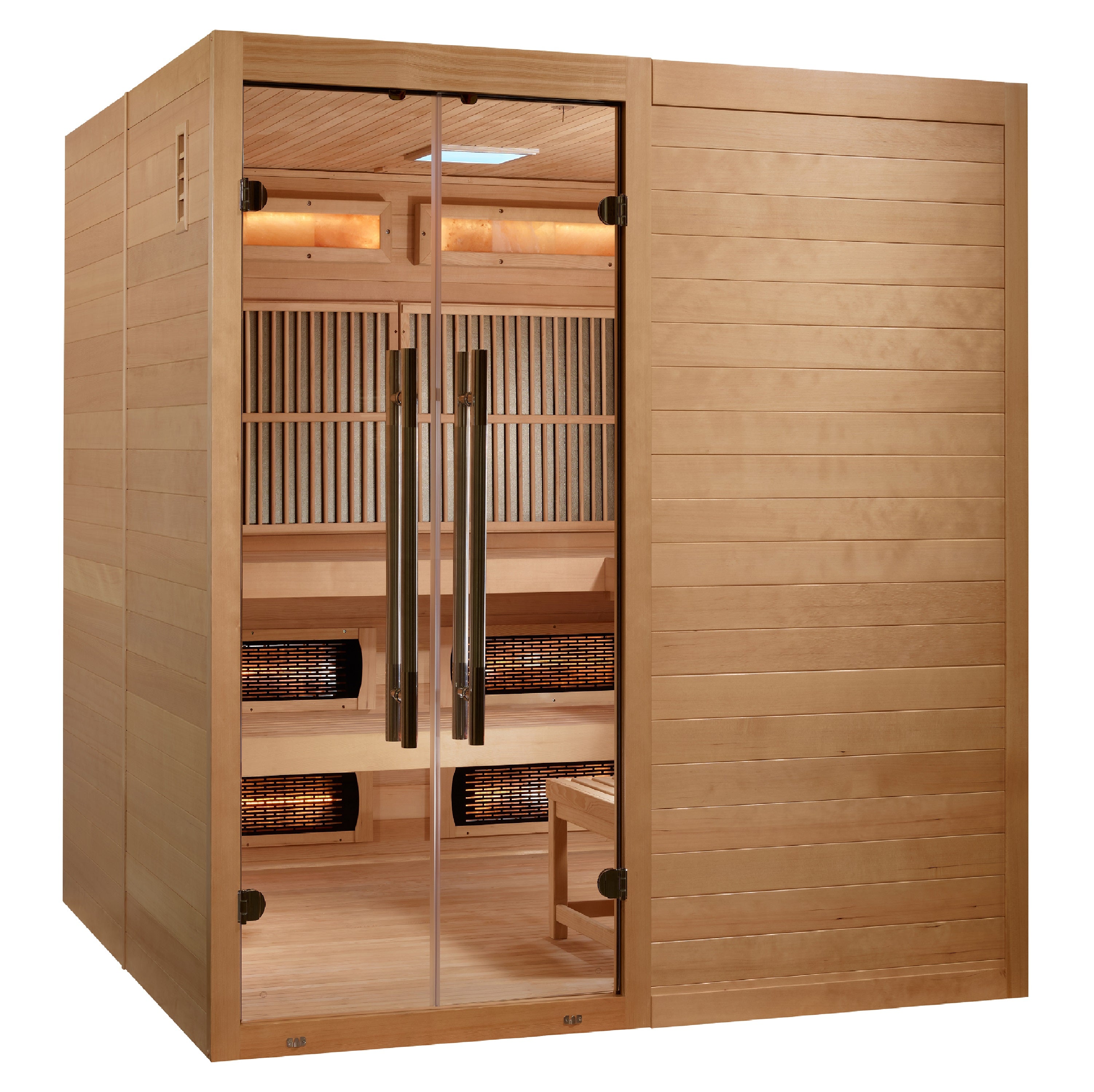 Golden Designs Toledo 6–Person Hybrid Sauna (Canadian Hemlock) — Full Spectrum Infrared + Harvia Traditional Stove, Chromotherapy & Bluetooth Audio