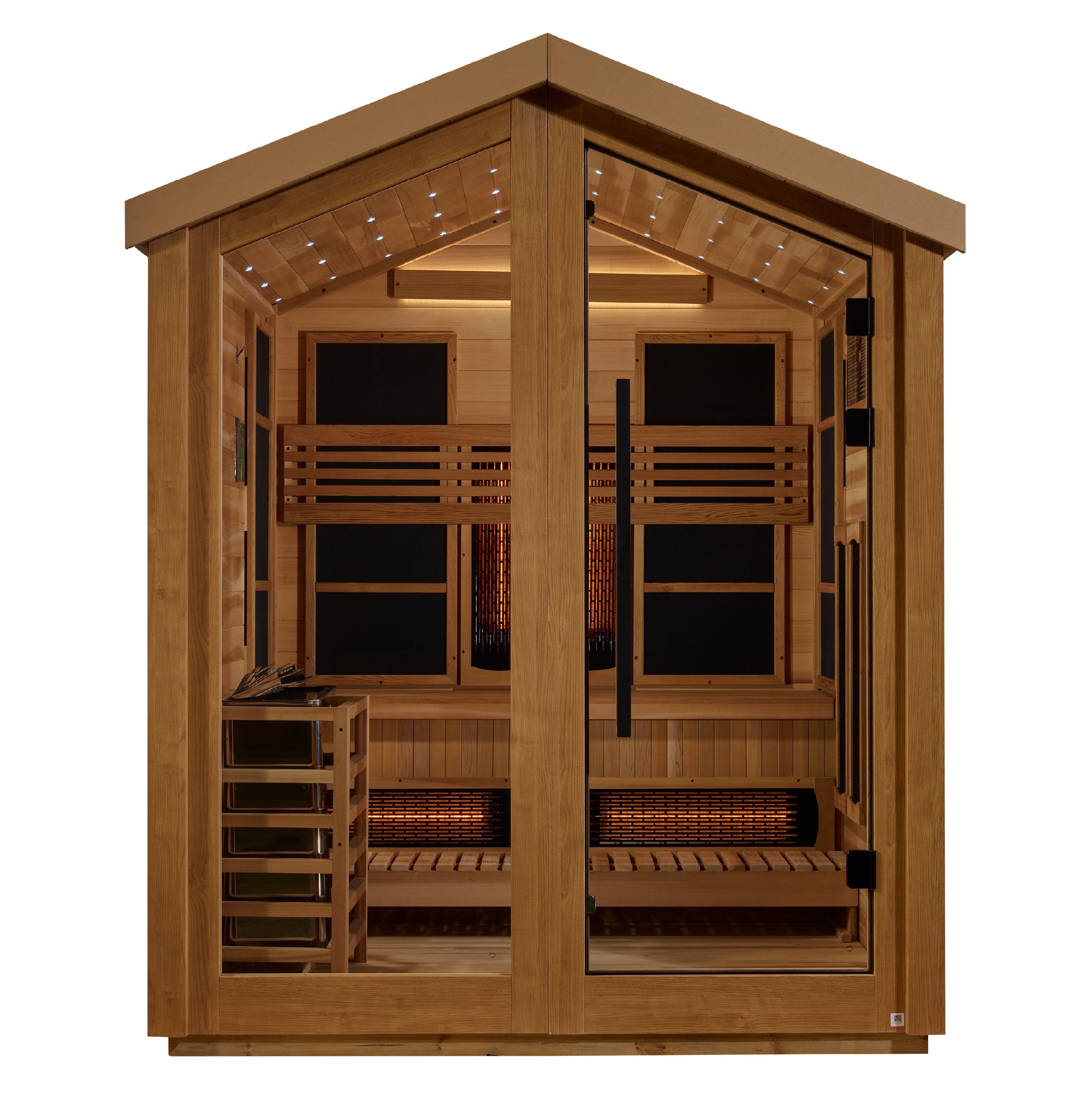 Golden Designs “Loviisa” 3–Person Hybrid Outdoor Sauna — PureTech™ Full-Spectrum Infrared + Traditional Stove, Red Cedar Interior, Chromotherapy & Bluetooth Audio