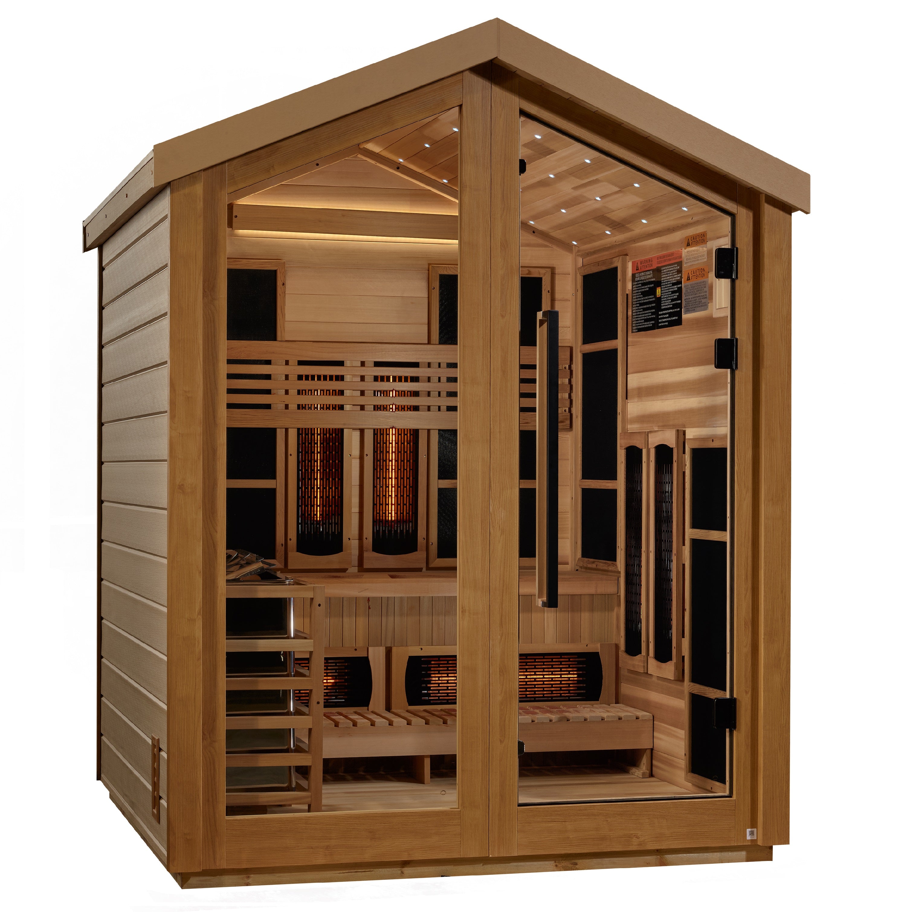 Golden Designs “Loviisa” 3–Person Hybrid Outdoor Sauna — PureTech™ Full-Spectrum Infrared + Traditional Stove, Red Cedar Interior, Chromotherapy & Bluetooth Audio