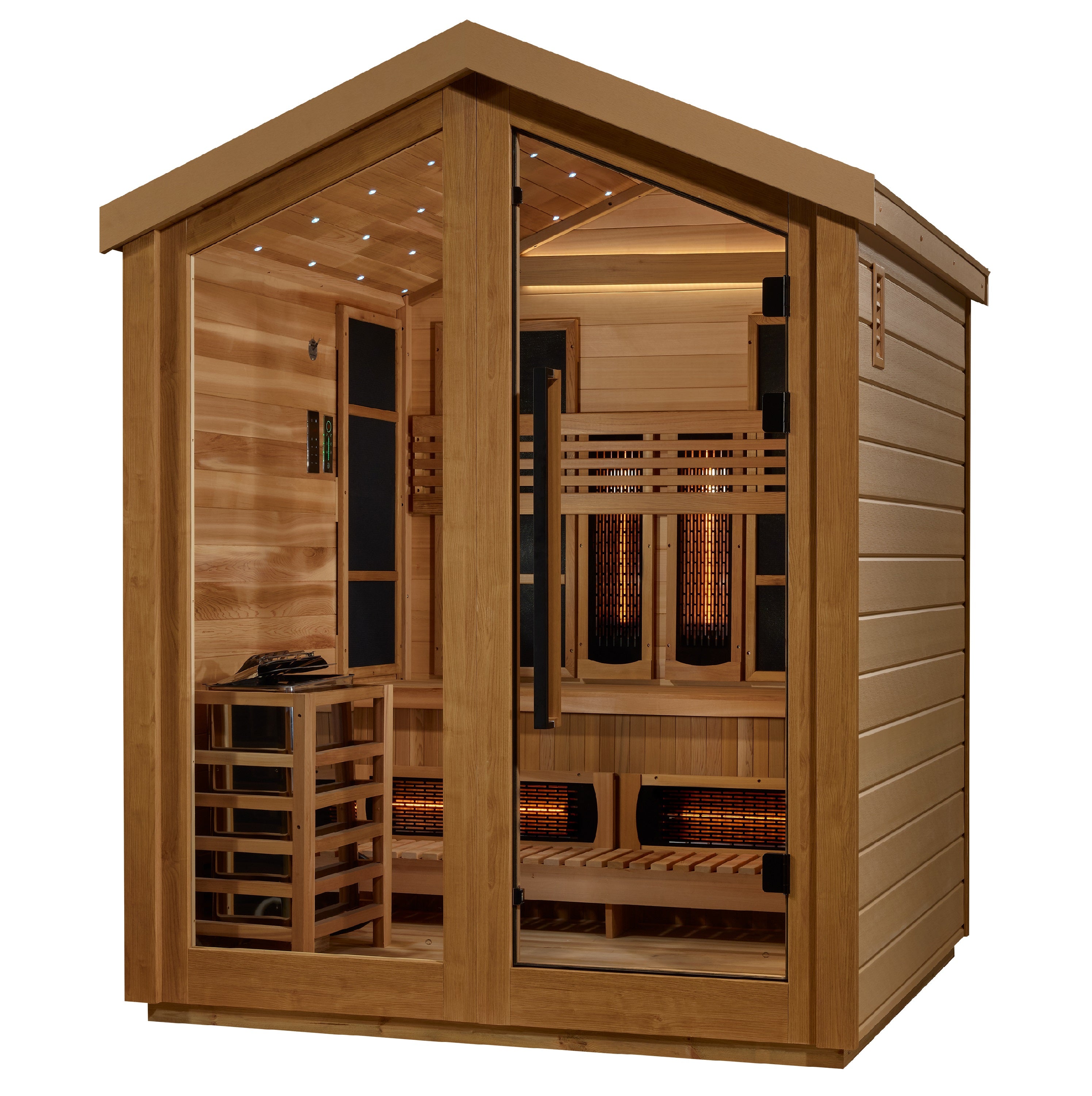 Golden Designs “Loviisa” 3–Person Hybrid Outdoor Sauna — PureTech™ Full-Spectrum Infrared + Traditional Stove, Red Cedar Interior, Chromotherapy & Bluetooth Audio