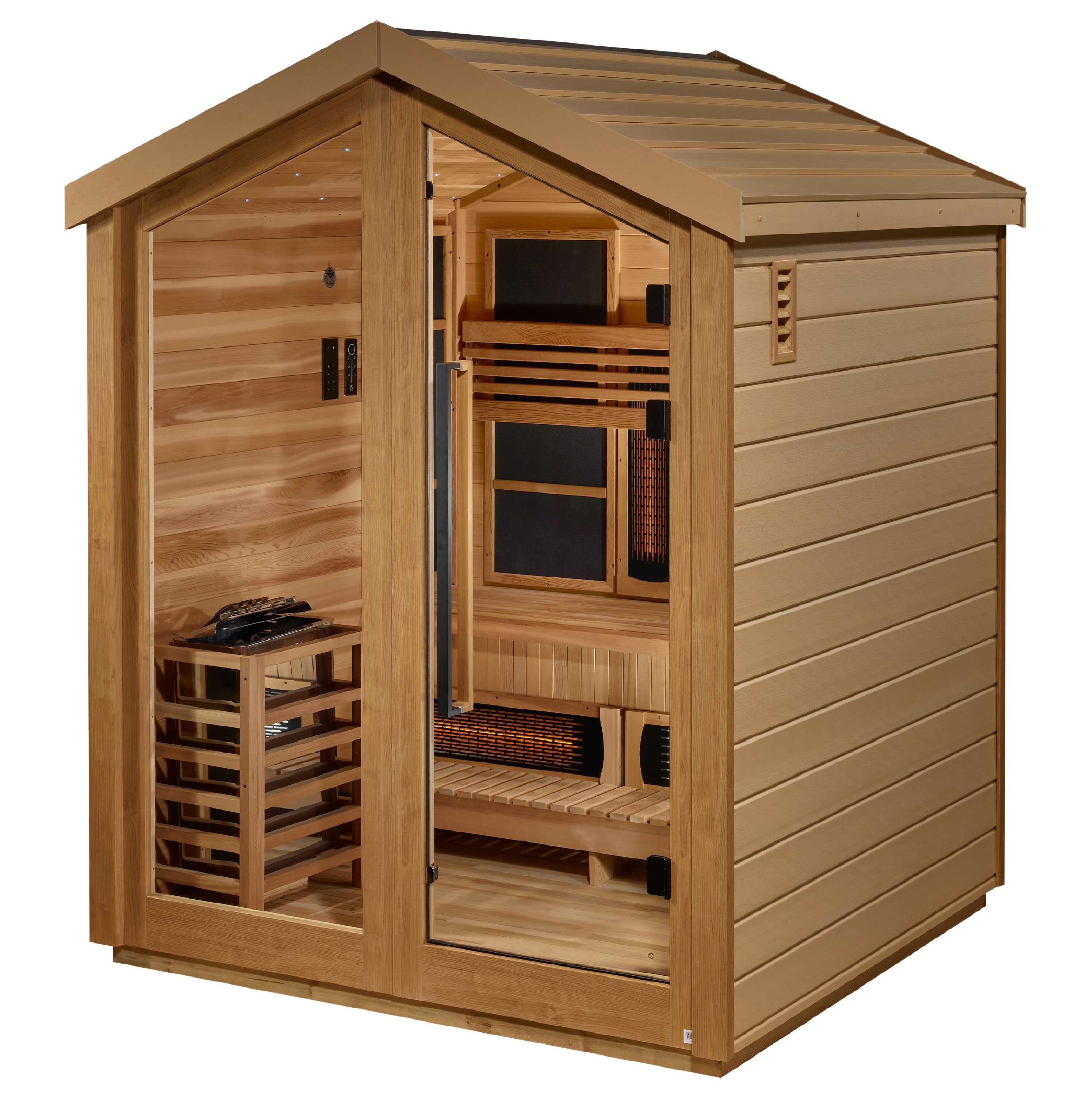 Golden Designs “Loviisa” 3–Person Hybrid Outdoor Sauna — PureTech™ Full-Spectrum Infrared + Traditional Stove, Red Cedar Interior, Chromotherapy & Bluetooth Audio